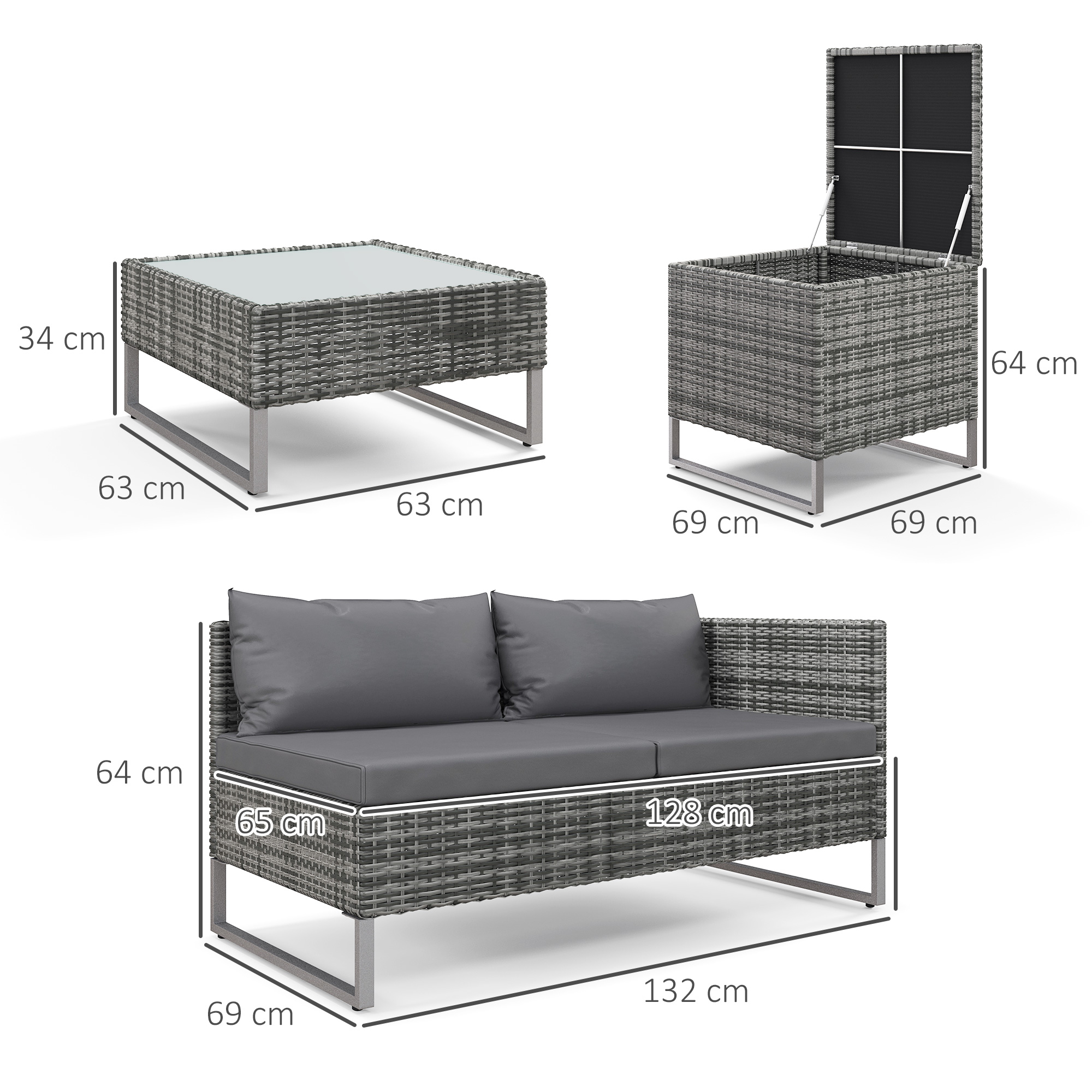 Divano in rattan grigio, tavolo e contenitore con dimensioni.