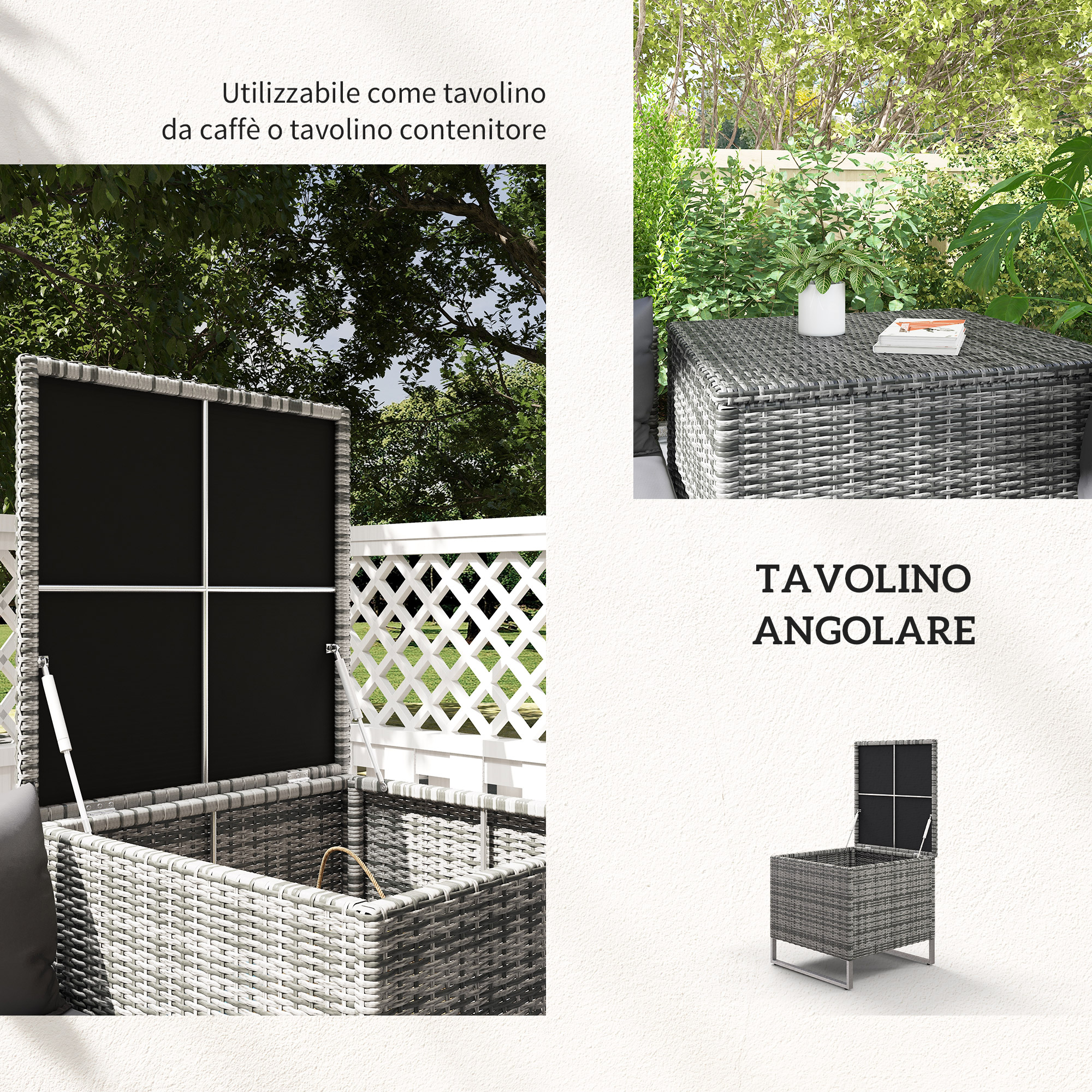 Tavolino contenitore in rattan grigio con coperchio aperto, circondato da verde.