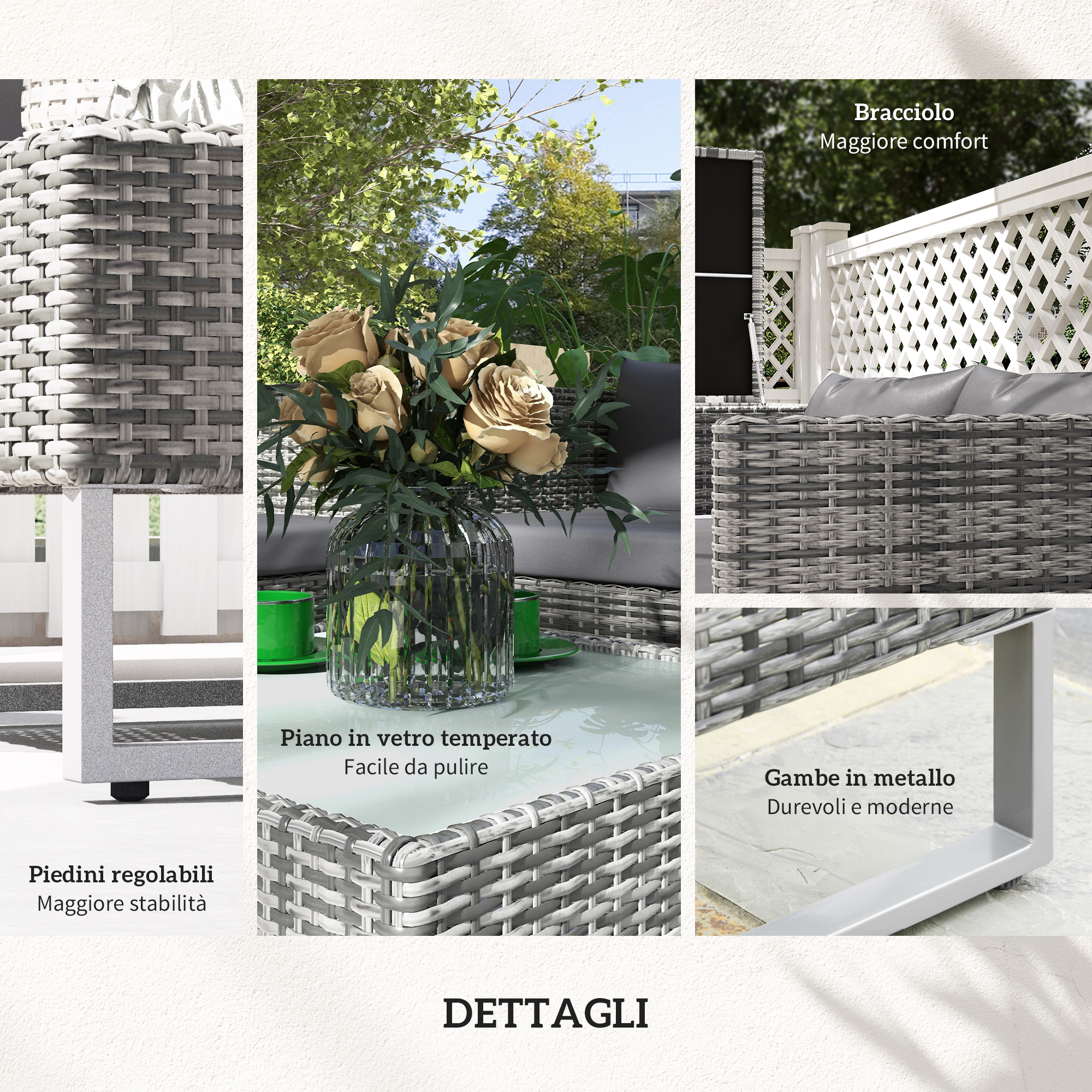 Dettagli mobili in rattan: piedi regolabili, piano in vetro, gambe in metallo.