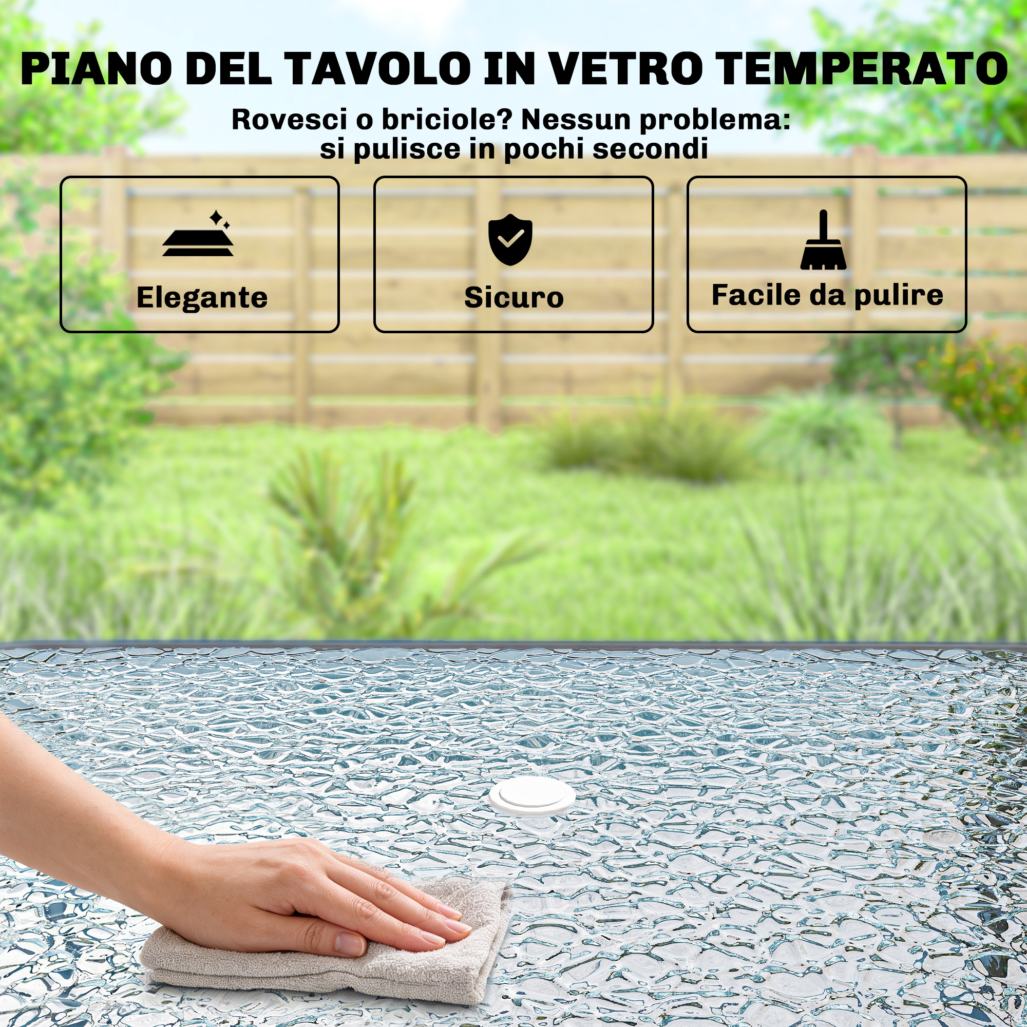Mano pulisce un piano di vetro con un panno. Tre icone: elegante, sicuro, facile da pulire.