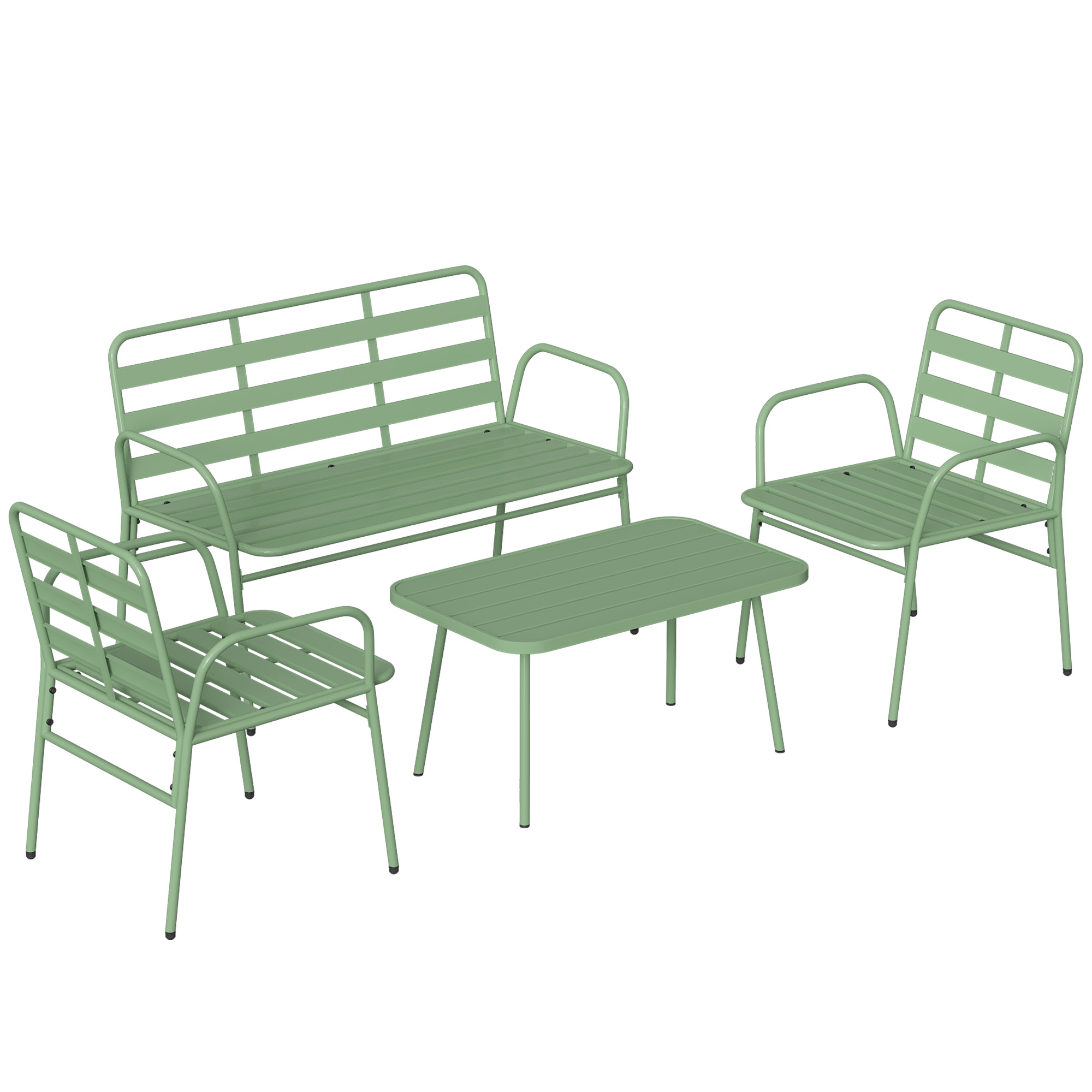 Set di mobili da giardino verdi con panchina, due sedie e tavolino.