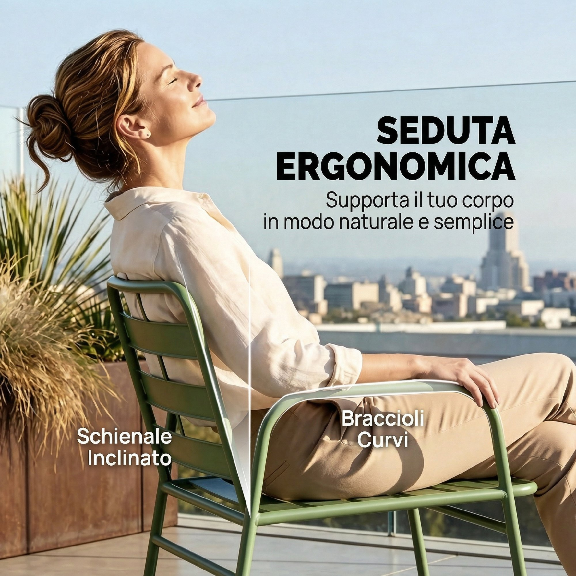 Donna al sole su sedia verde con sfondo città.