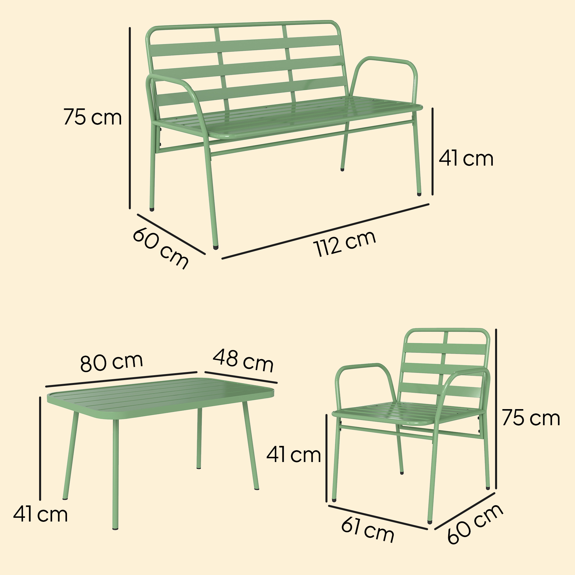 Mobili da giardino verdi: panchina (112x60x75cm), tavolo (80x48x41cm), sedia (61x60x75cm).