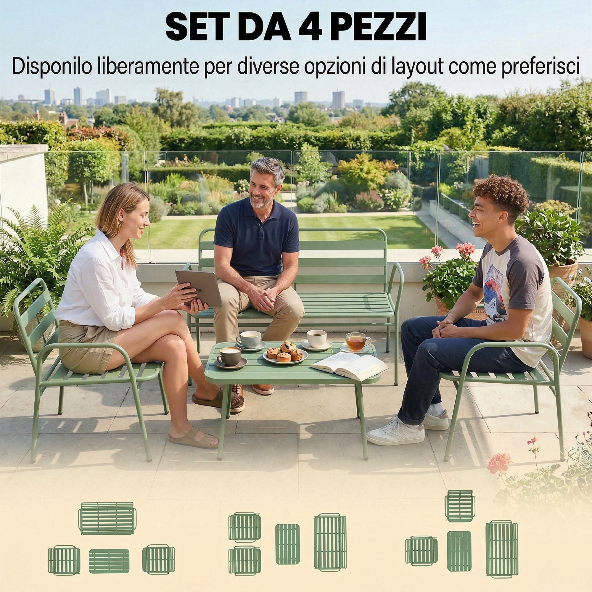 Tre persone sedute su mobili da giardino verdi. Una città sullo sfondo.