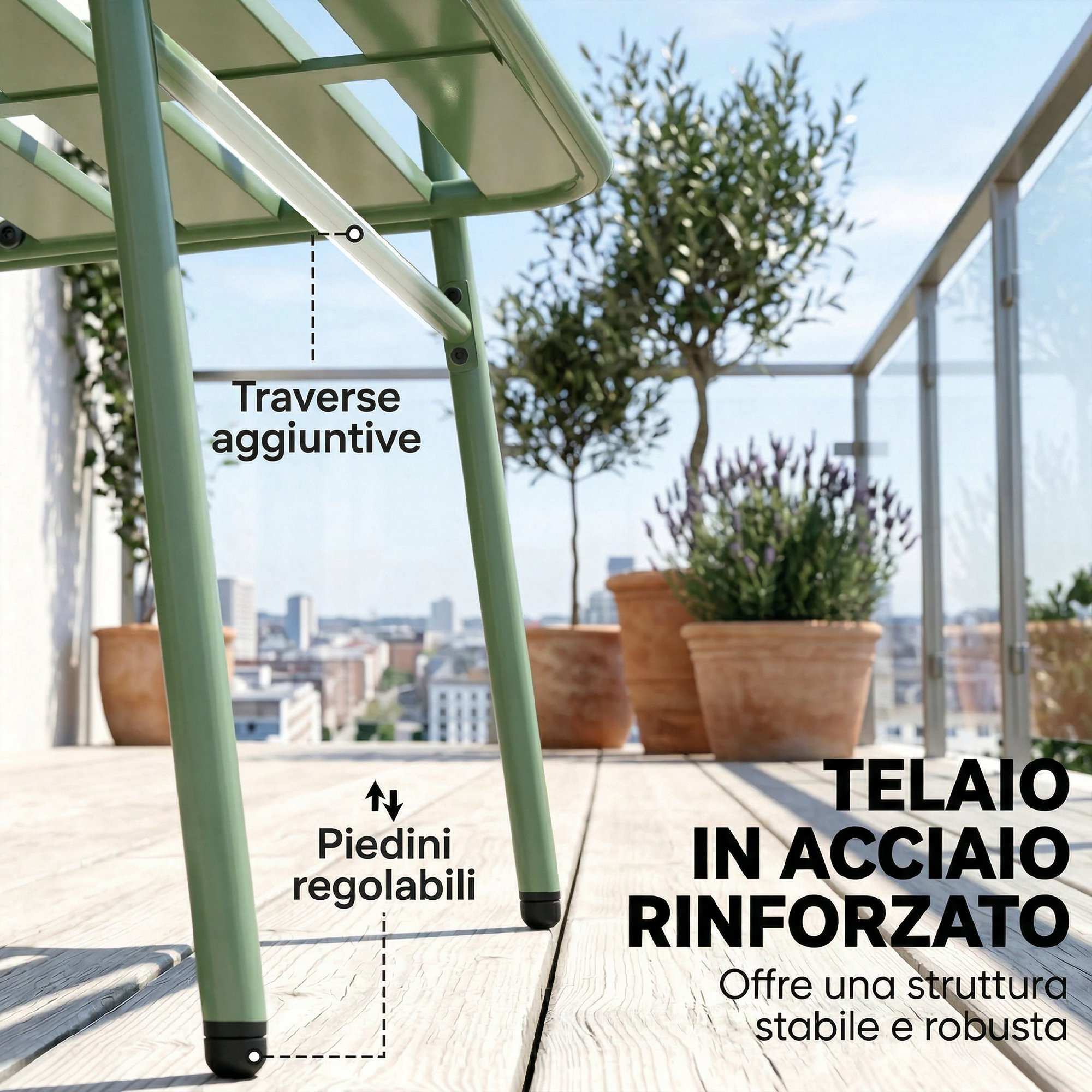 Tavolo in metallo verde con piedini regolabili su un deck di legno con piante.