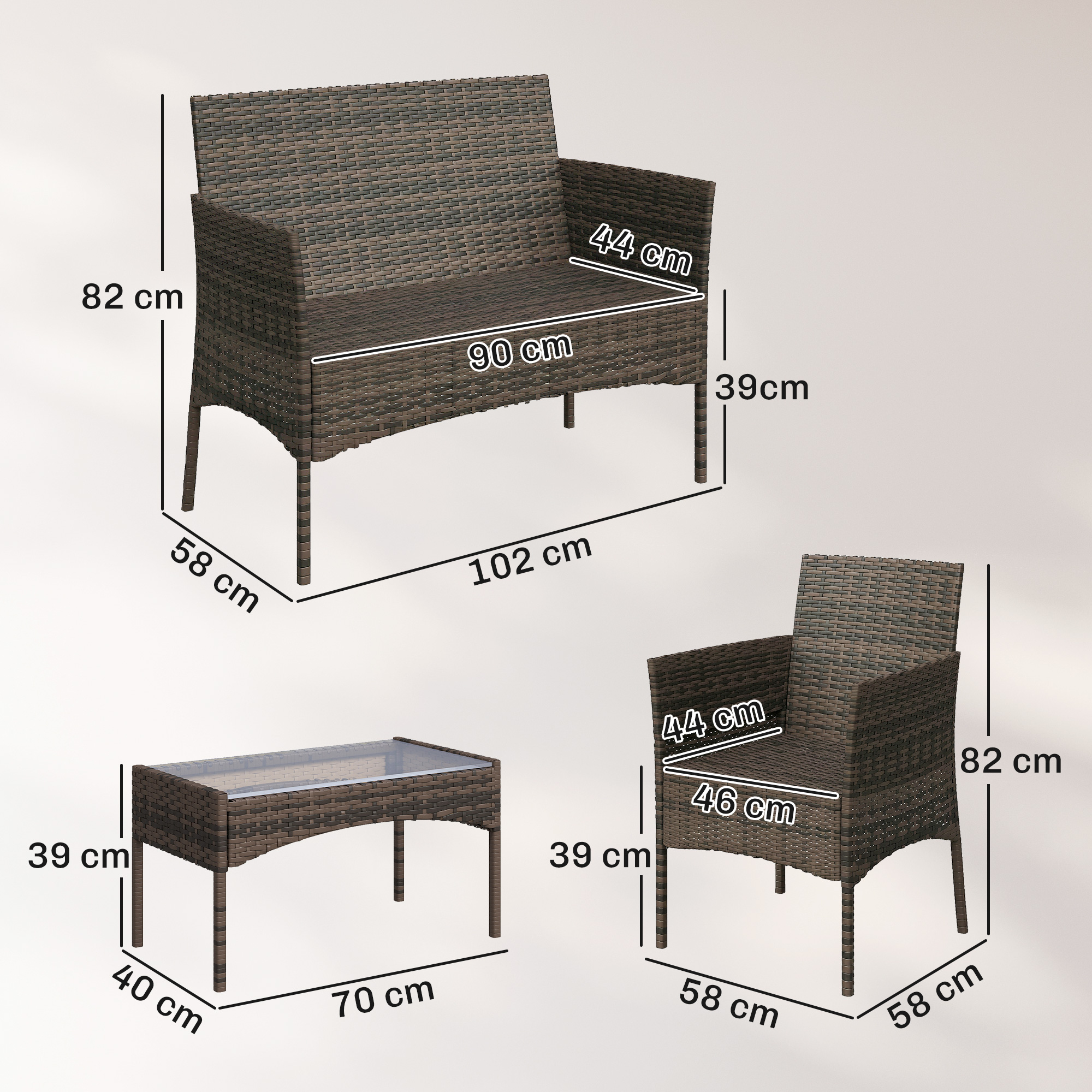 Mobili in rattan marrone: divanetto, poltrona e tavolino con dimensioni.