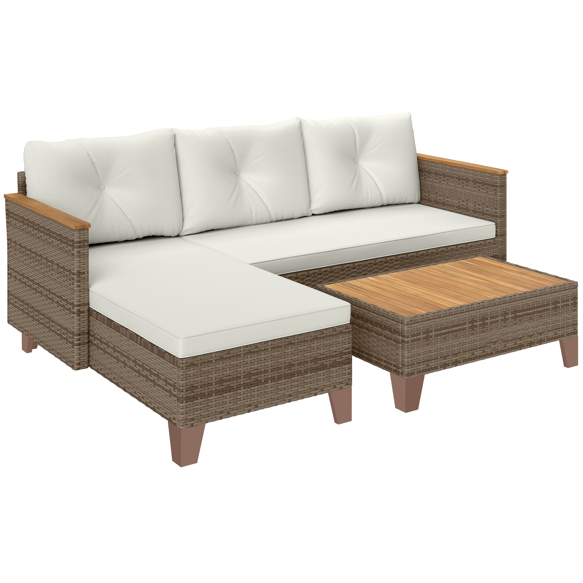 Divano componibile in rattan marrone con cuscini bianchi e tavolino.