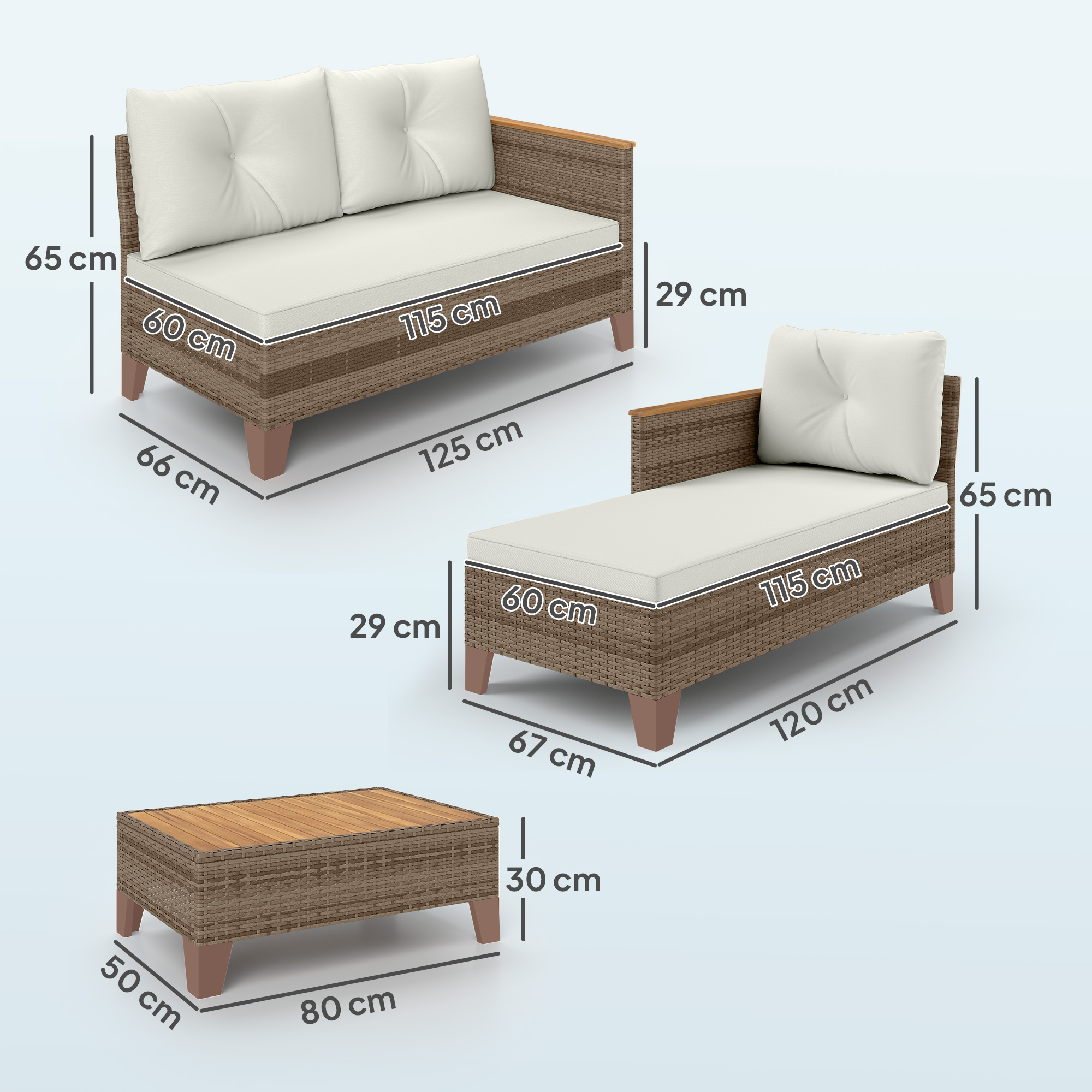 Mobili in rattan marrone: divano, chaise longue e tavolino con misure.
