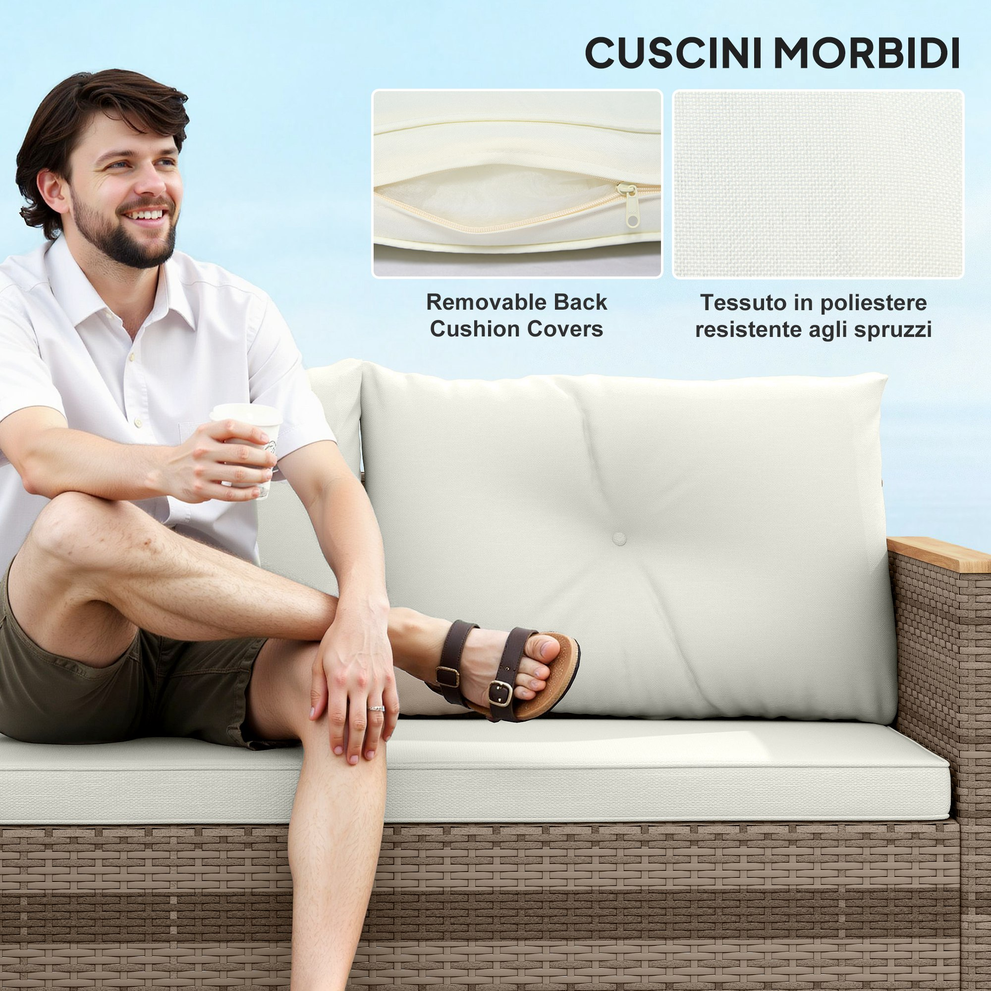 Uomo seduto su divano in rattan marrone con cuscini bianchi sotto cielo azzurro.