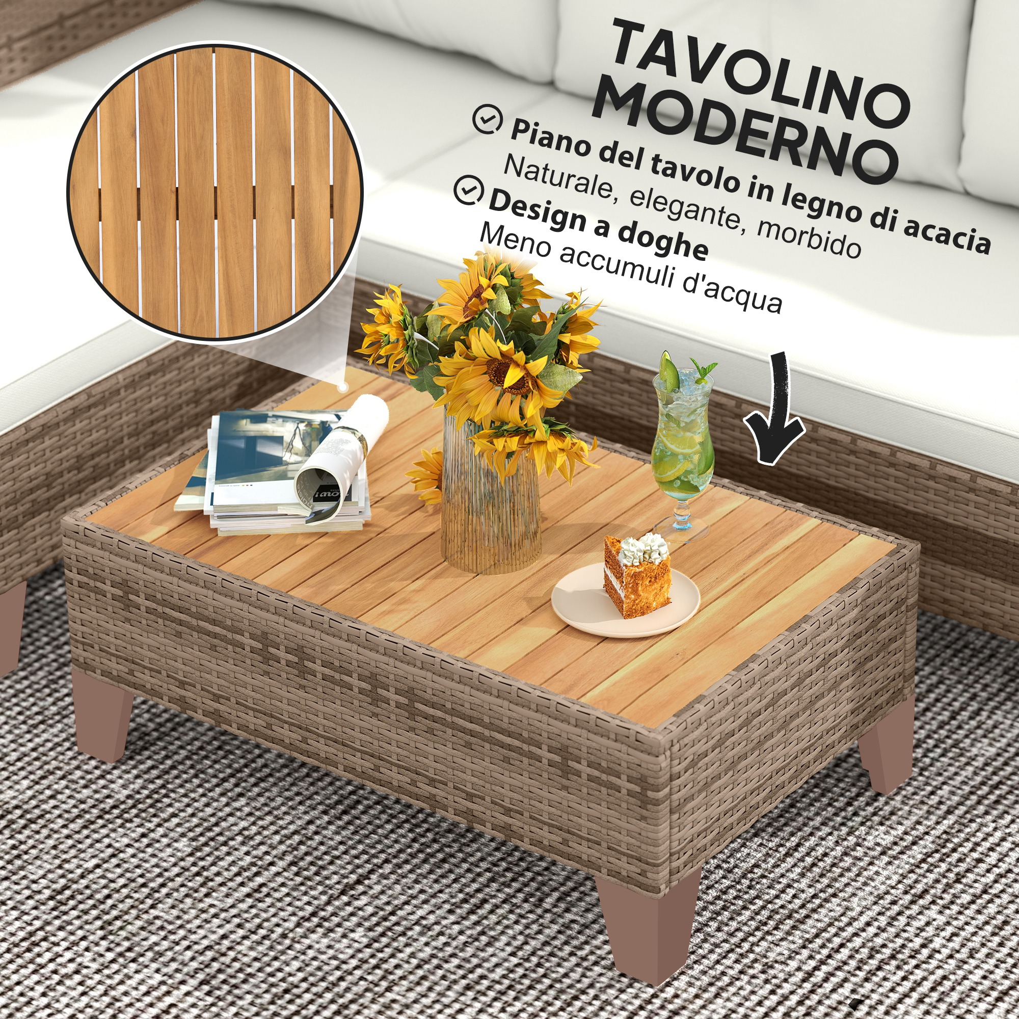 Tavolino moderno in legno con girasoli, torta e bevanda.
