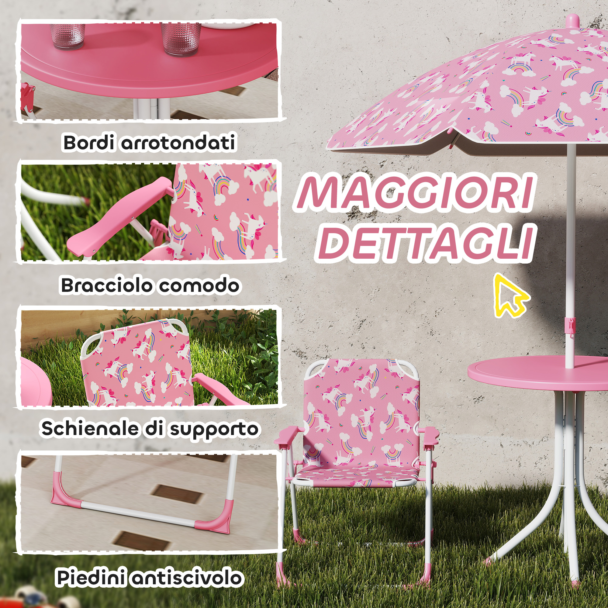 Un set da tavolo e sedia per bambini rosa con stampa di unicorni, accanto a un ombrellone.
