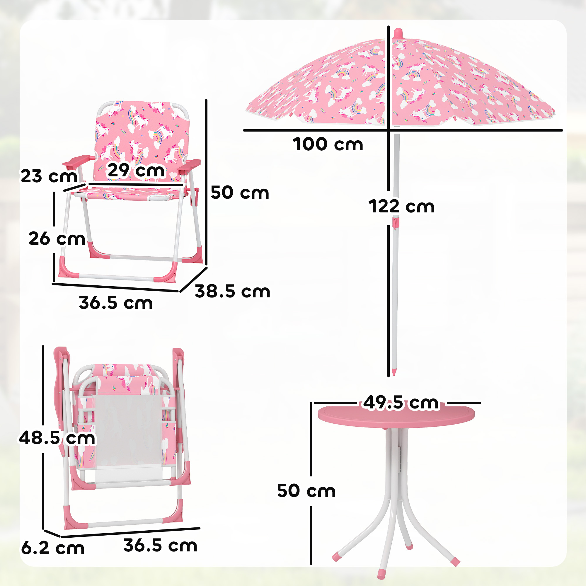 Sedia, tavolo e ombrellone per bambini rosa con motivo unicorno.