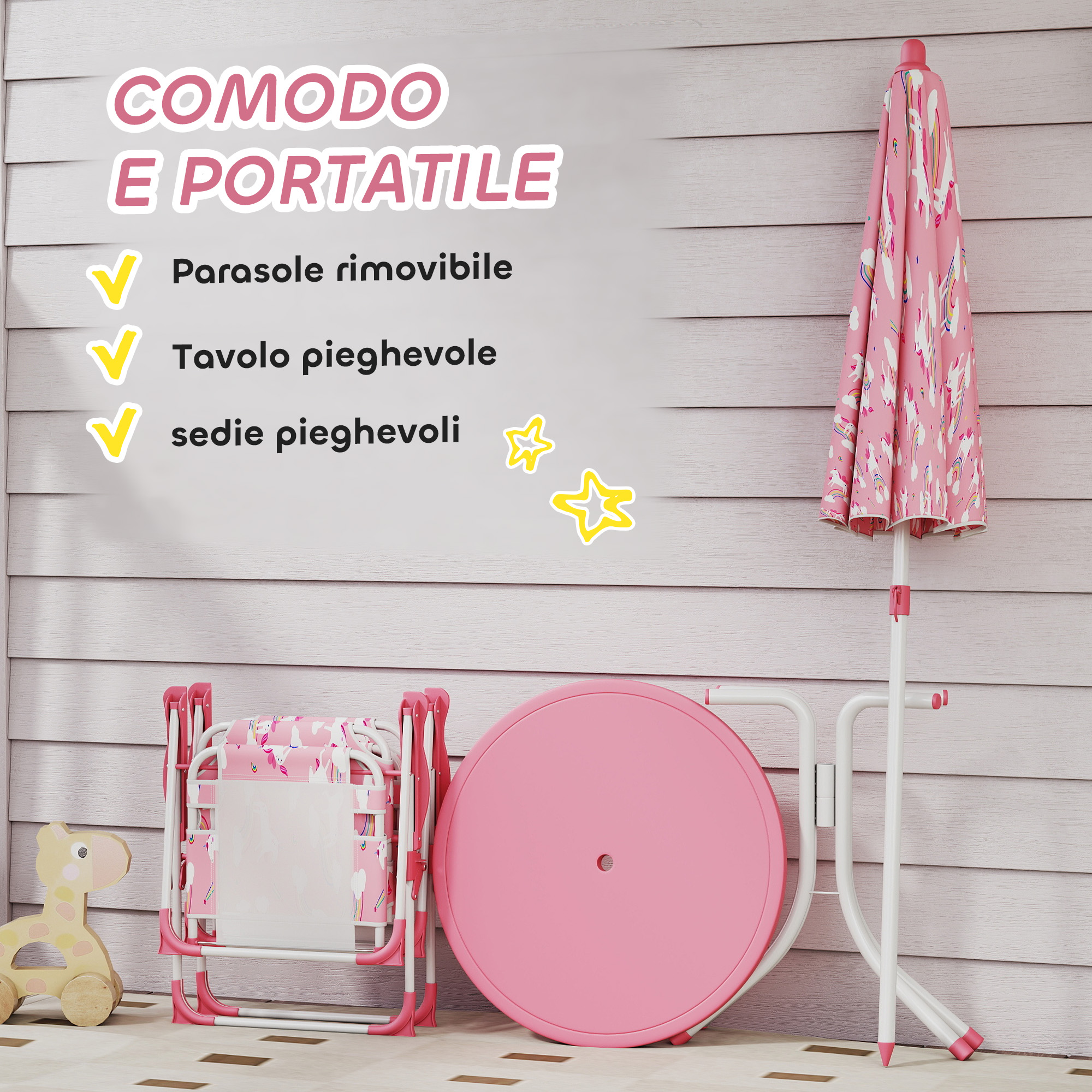 Un tavolo pieghevole rosa con un ombrellone smontato a tema unicorno.