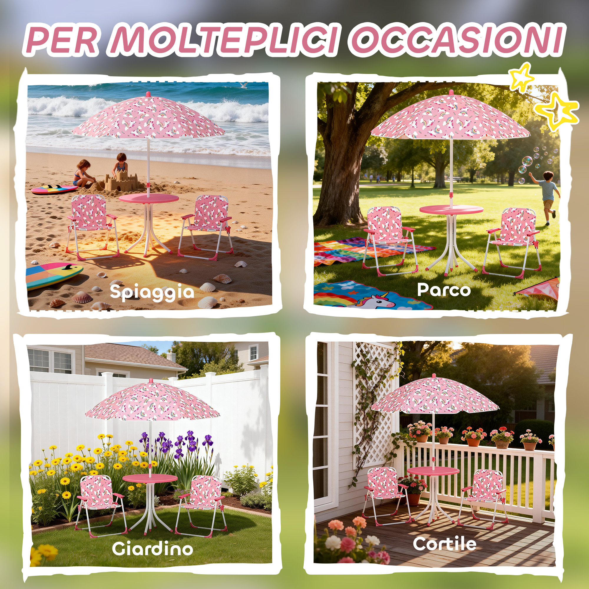Quattro scene mostrano un set rosa a tema unicorno: in spiaggia, parco, giardino e terrazzo.