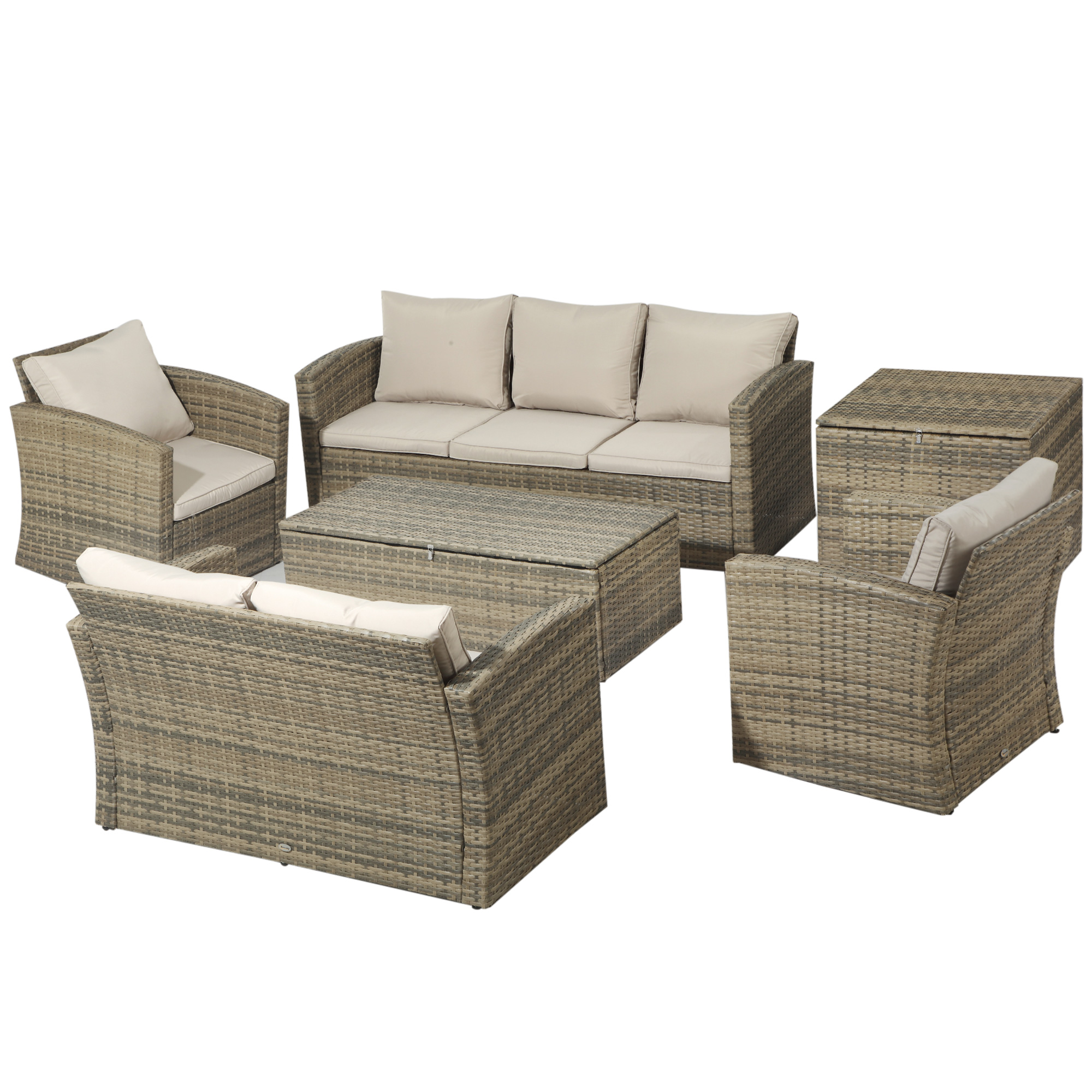 Set di mobili in rattan grigio con cuscini beige chiaro: divano, due poltrone, tavolino e sgabello.