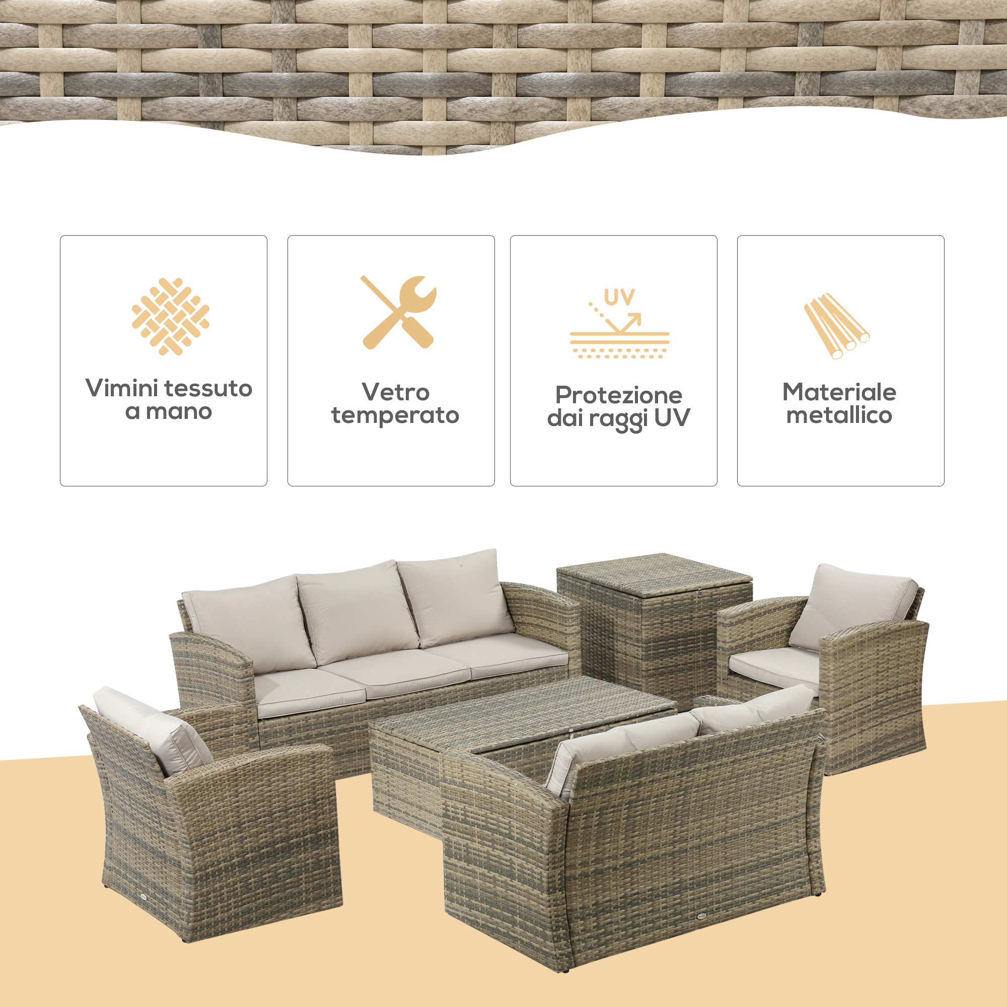 Set di mobili da esterno in rattan intrecciato con divano, poltrone, tavolino e contenitore.