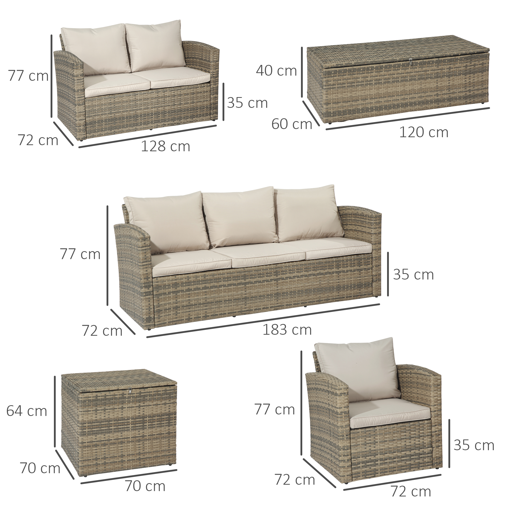 Set di mobili da giardino in rattan con dimensioni: divanetto, divano, poltrona e bauli.