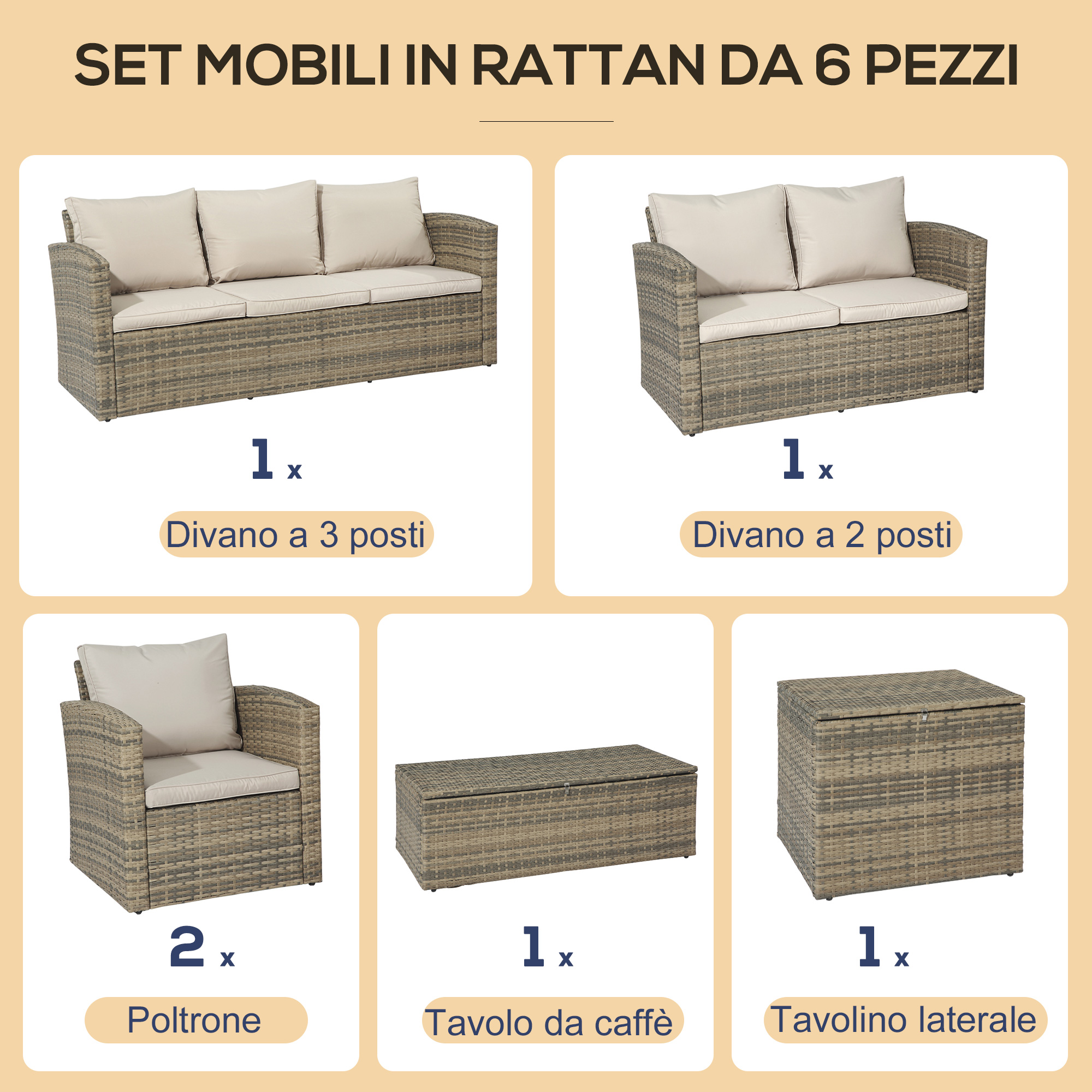 Set mobili rattan: divano 3 posti, divano 2 posti, 2 poltrone, tavolino caffè.