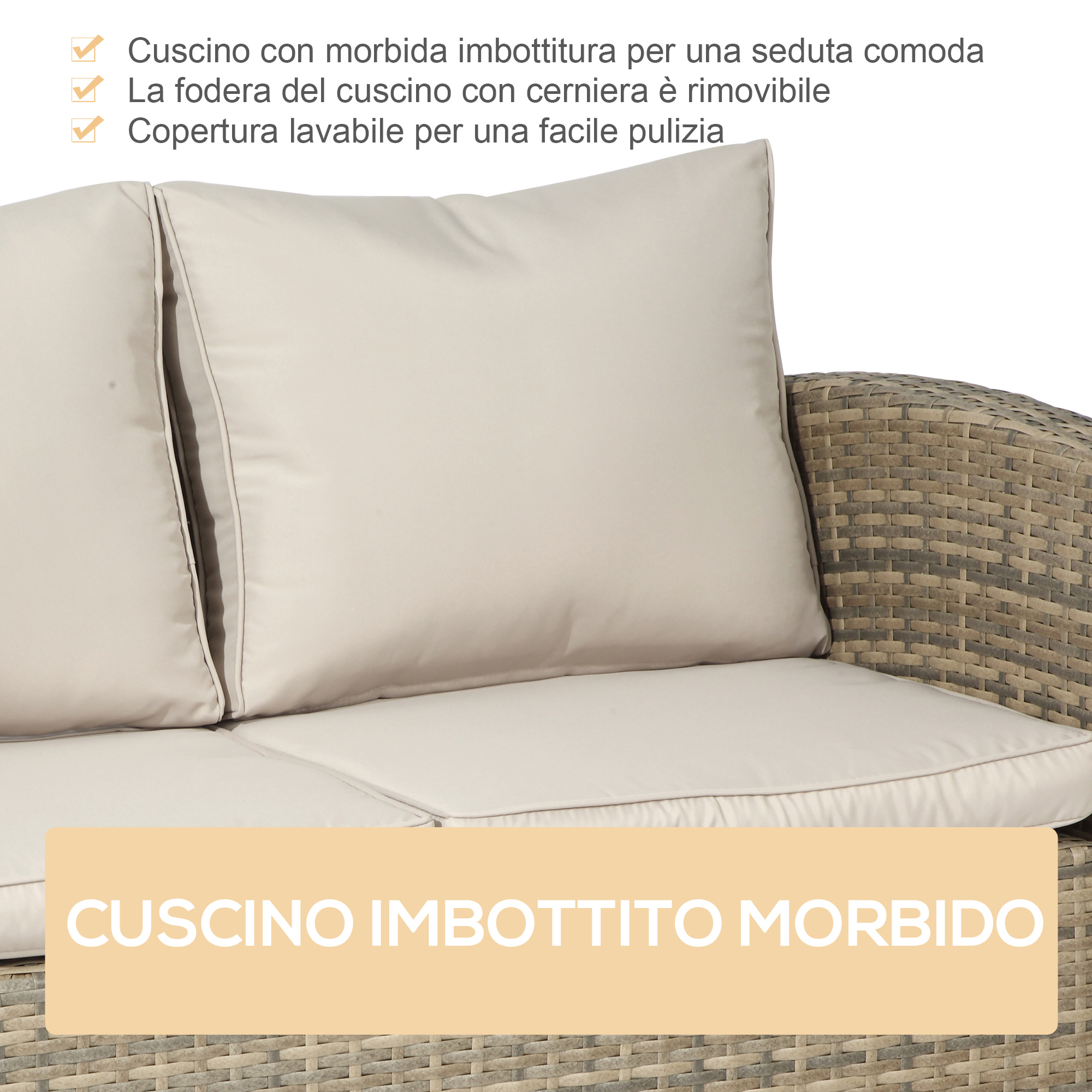 Cuscino morbido con fodera rimovibile su divano in rattan.