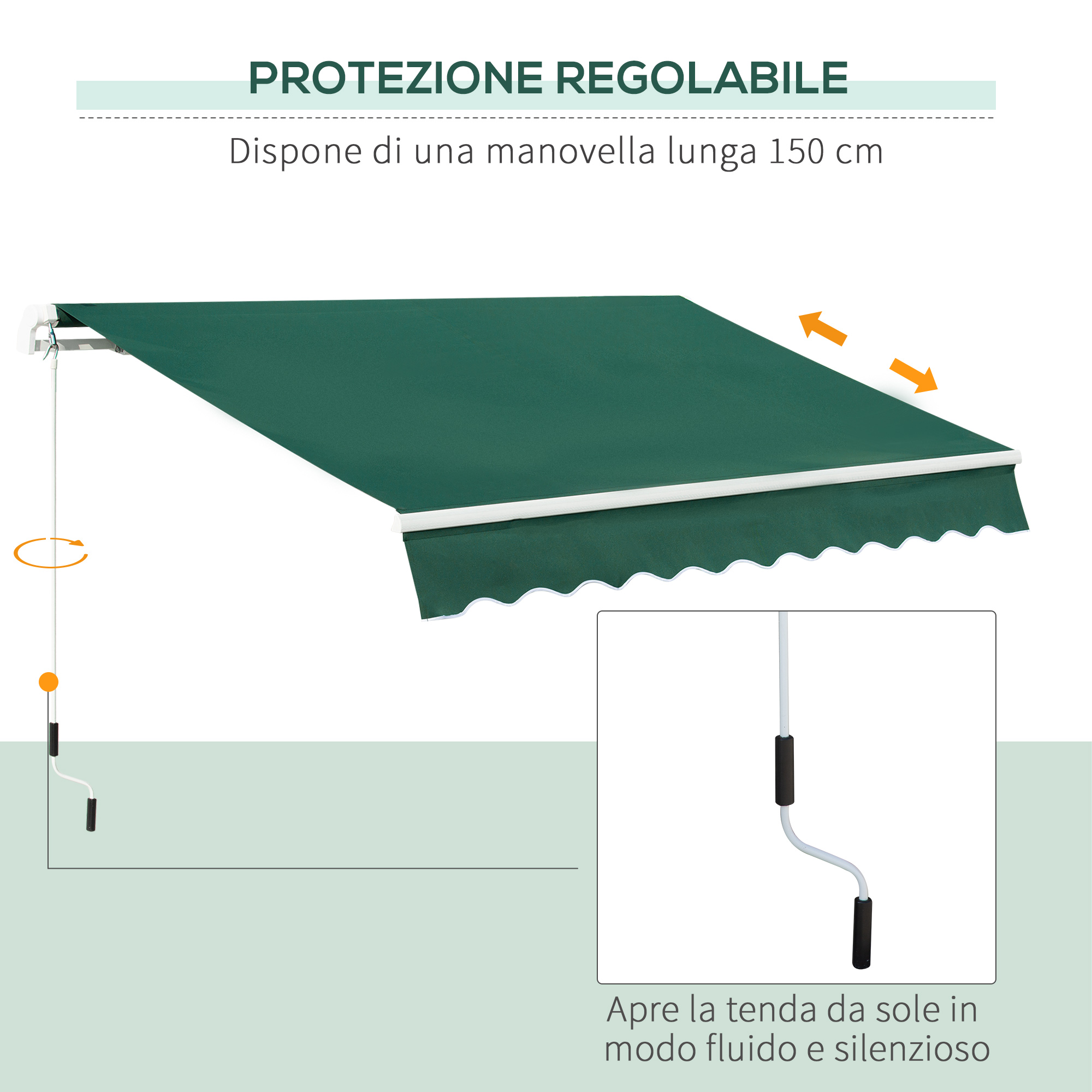 Tenda da sole verde con manovella. Frecce indicano estensione.