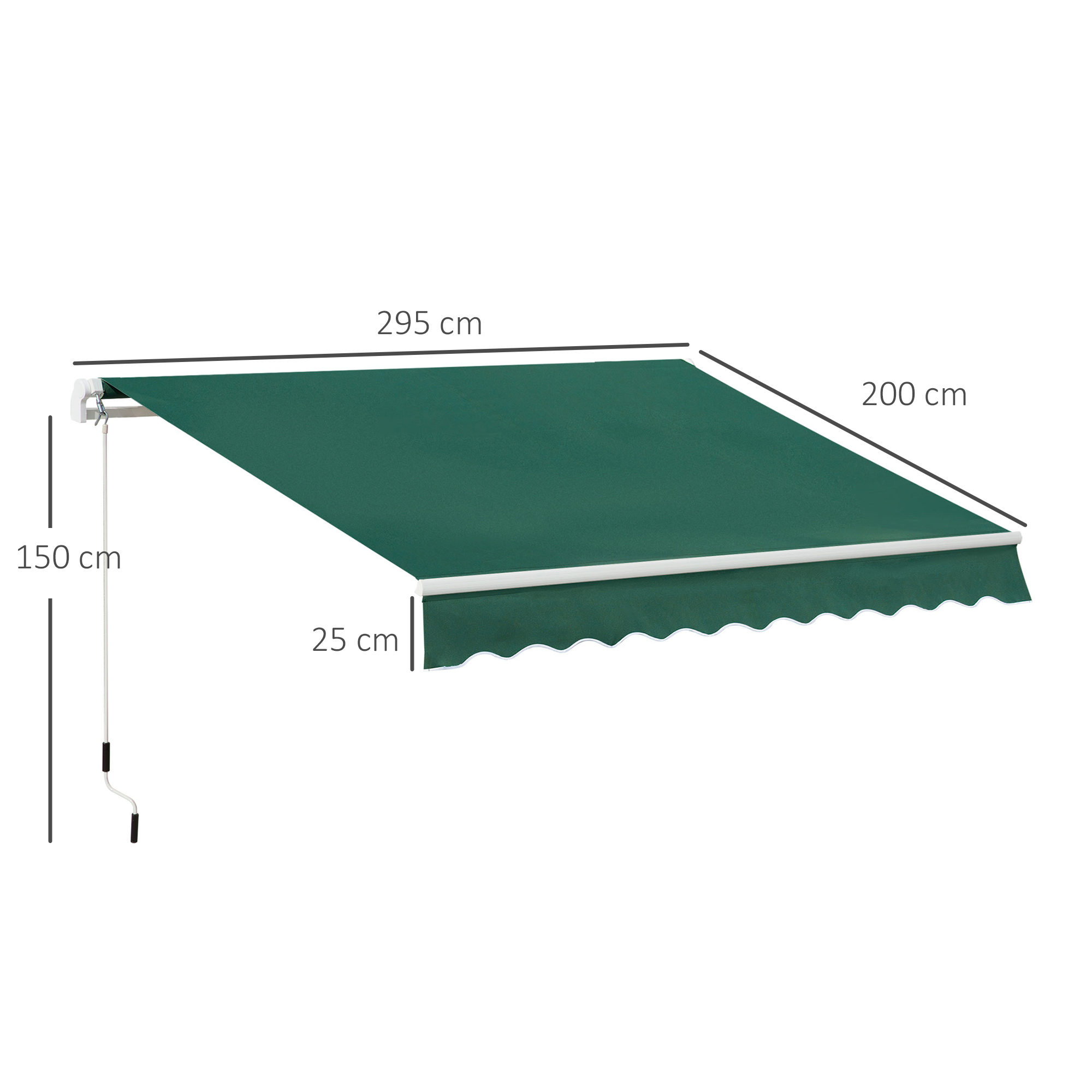 Tenda da sole verde 295x200 cm con sporgenza 25 cm.