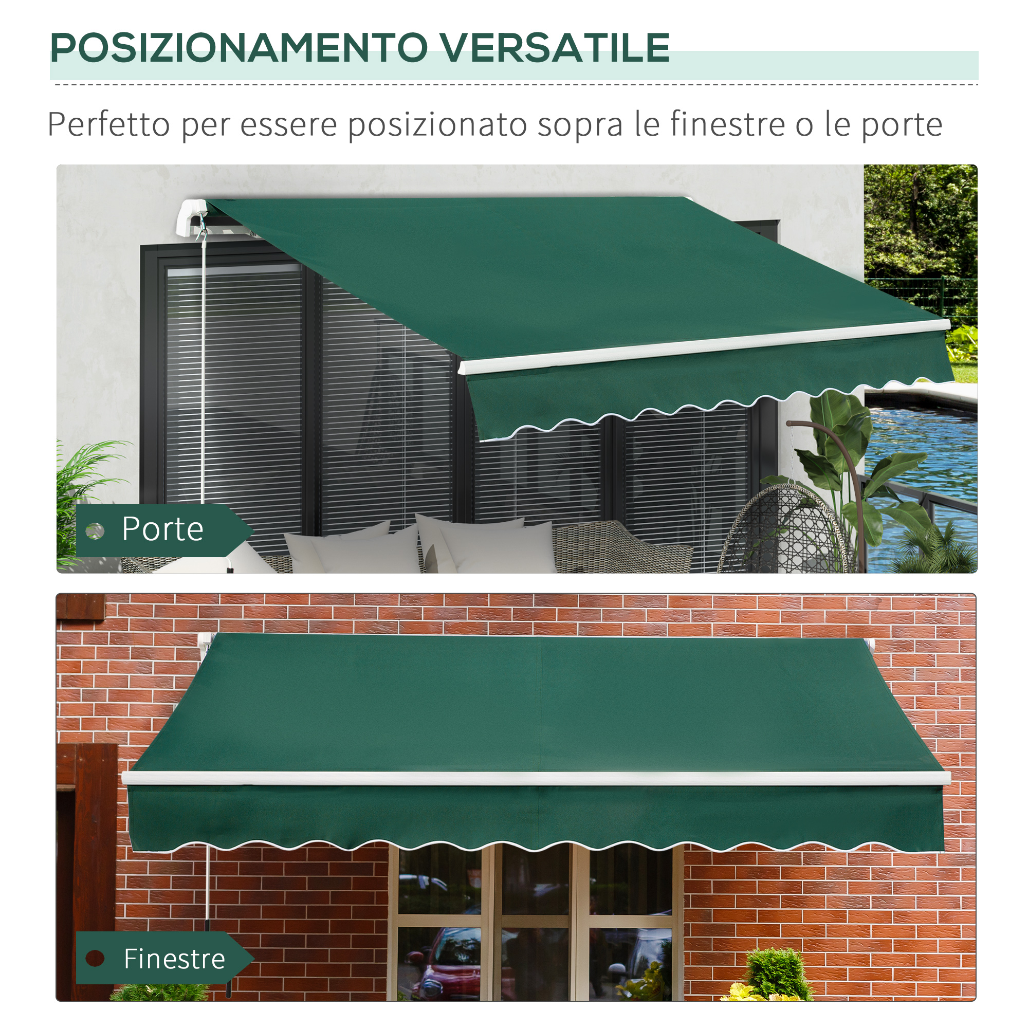 Tenda da sole verde sopra porta e facciata finestrata con muro di mattoni.