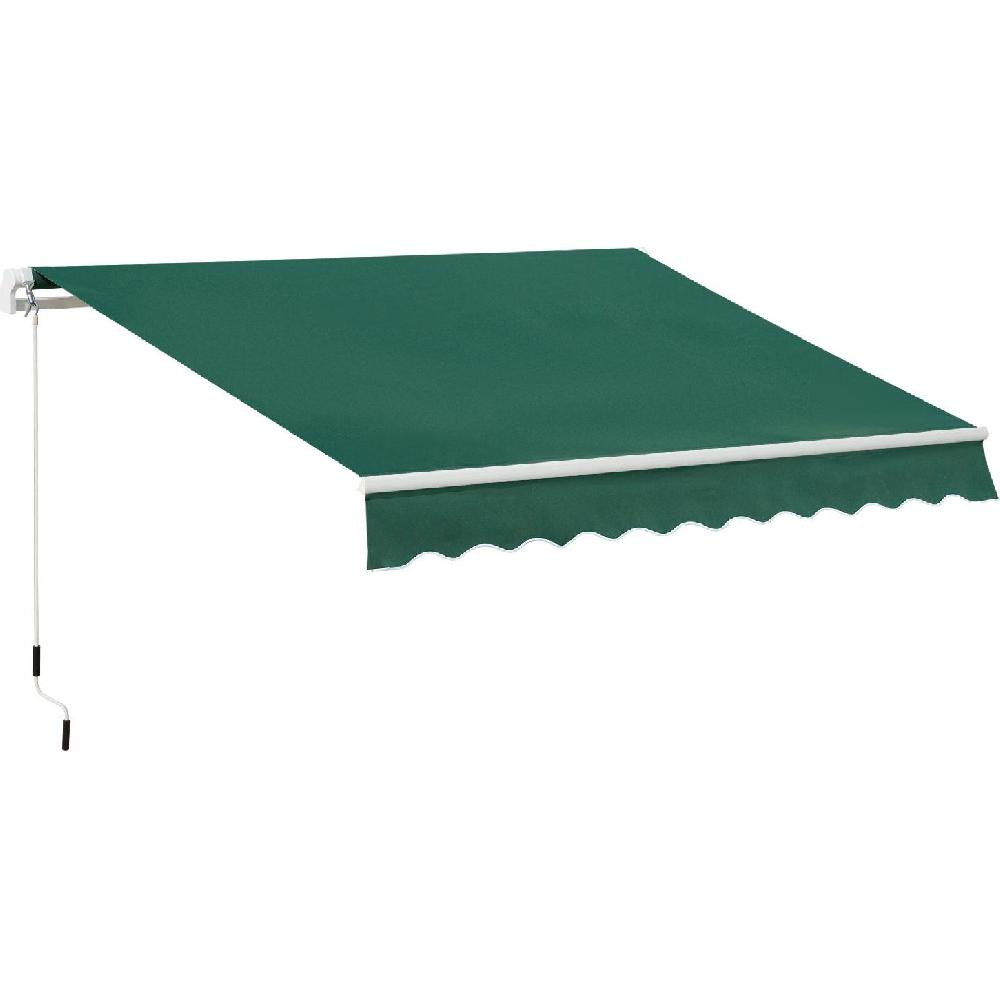 Una tenda da sole retrattile verde con barra bianca e bordo smerlato, su sfondo bianco.