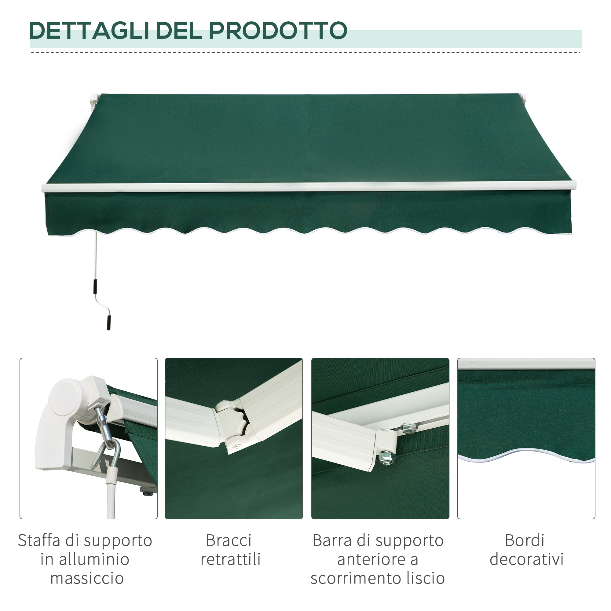 Una tenda da sole verde con bordo decorativo bianco e bracci.