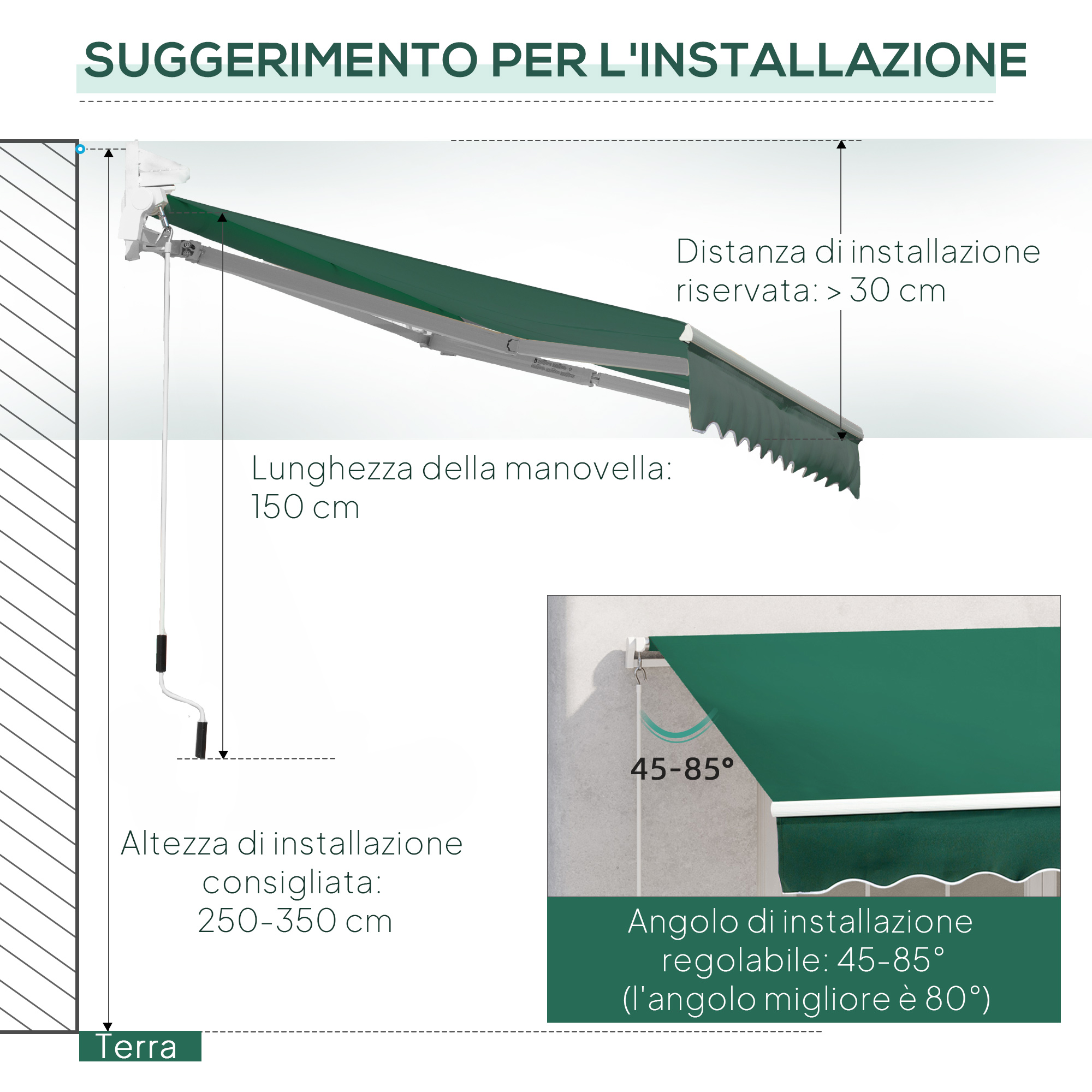 Guida all'installazione tenda: Lunghezza manovella 150cm, altezza 250-350cm.