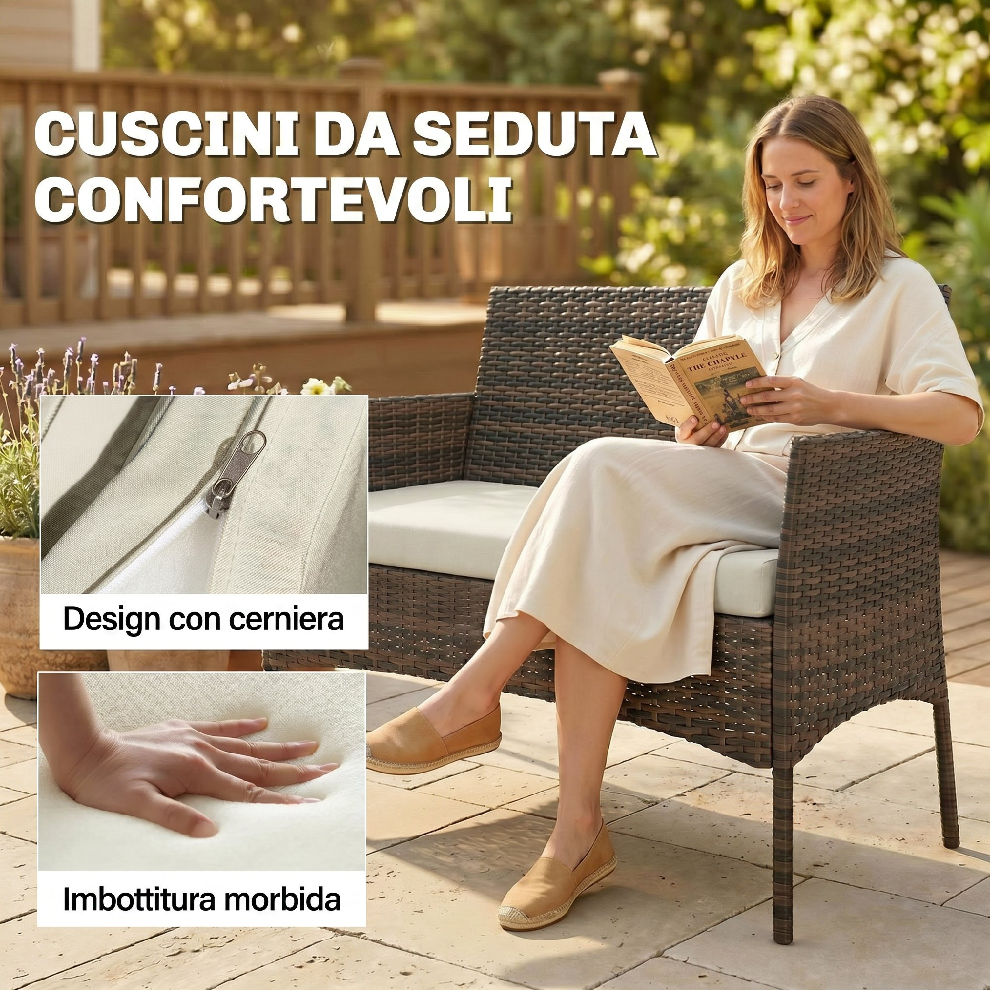 Donna legge libro su divano in vimini, dettagli cuscino e zip.