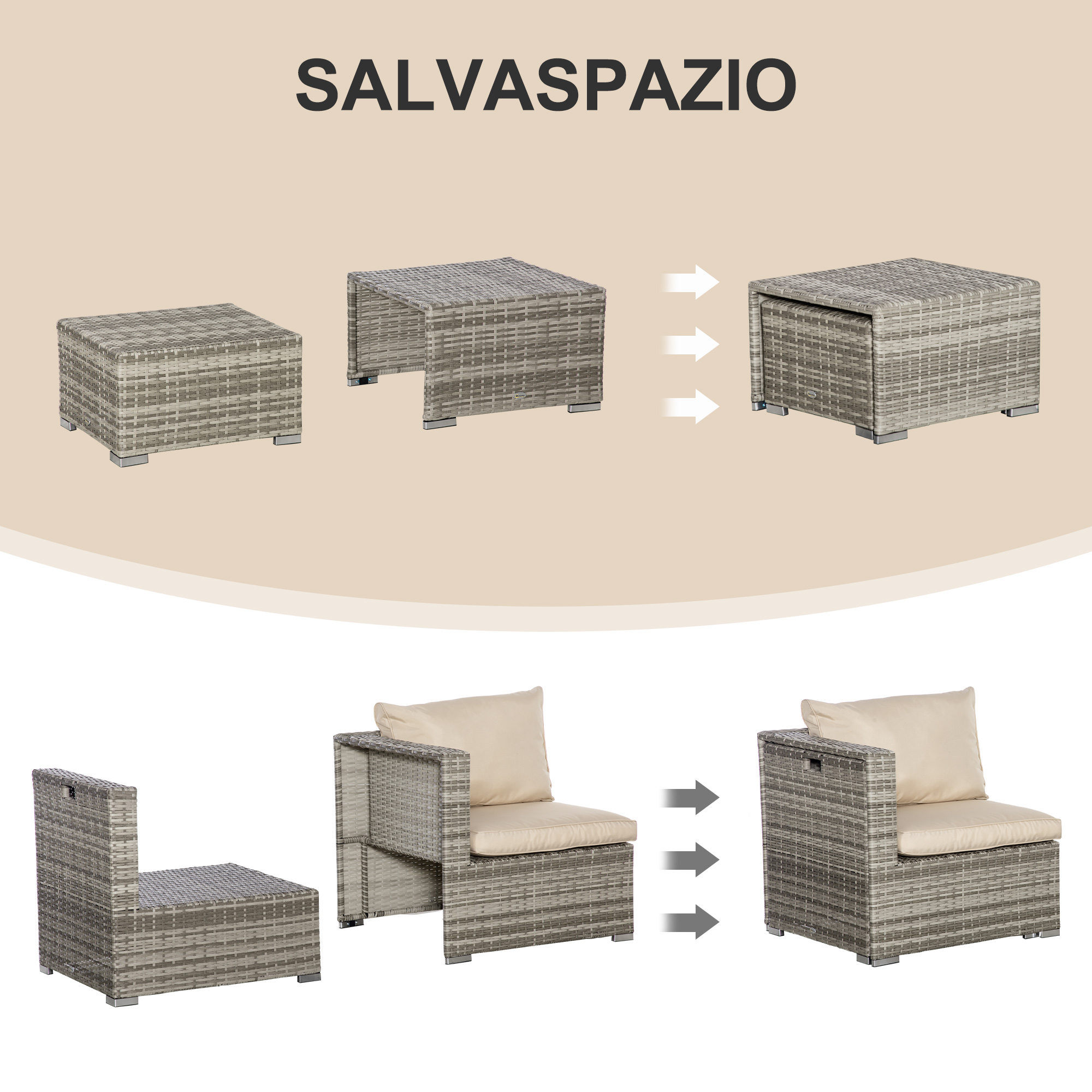 Moduli di mobili in rattan grigio che si trasformano in forma compatta.