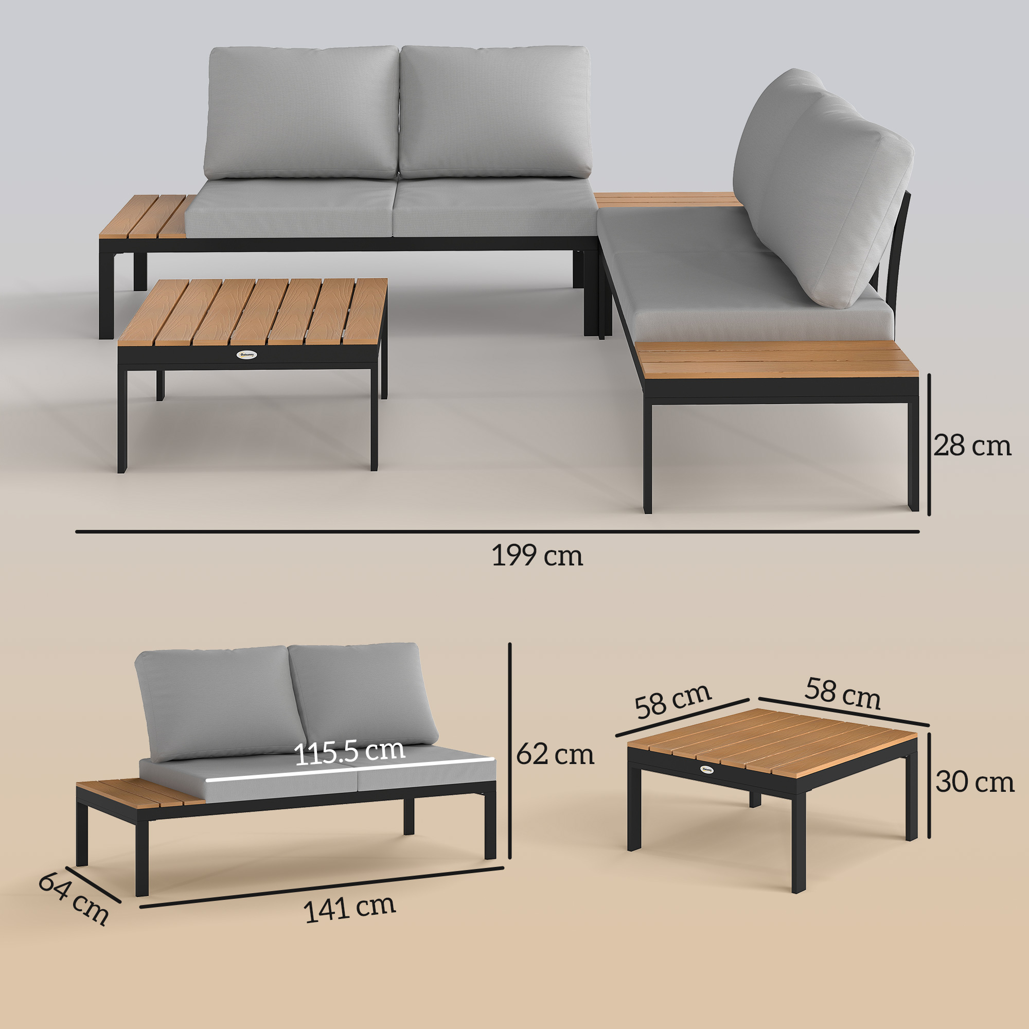 Set di mobili da esterno moderni con cuscini grigi e accenti in legno, dimensioni indicate.