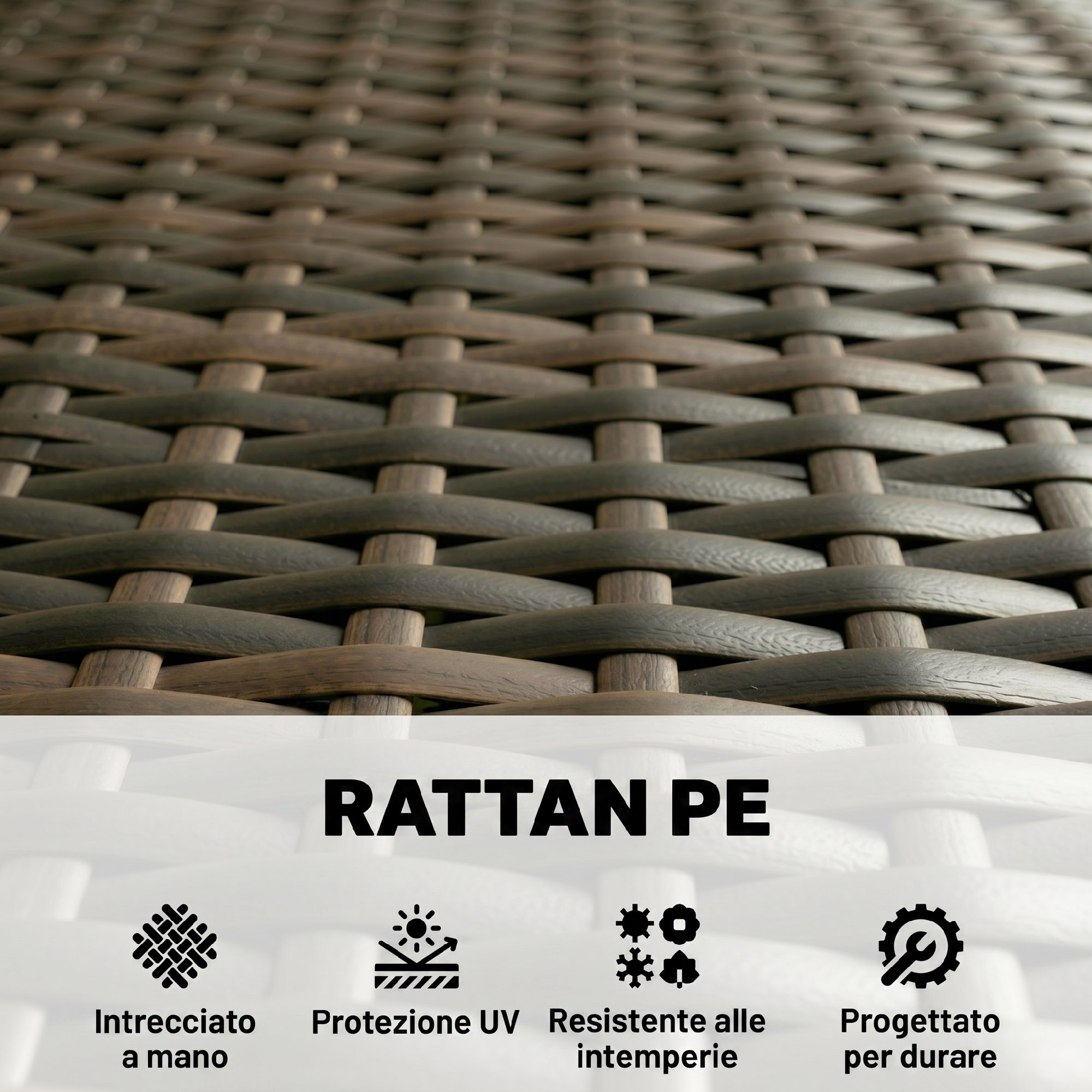 Primo piano di intreccio in rattan PE marrone con testo e icone.