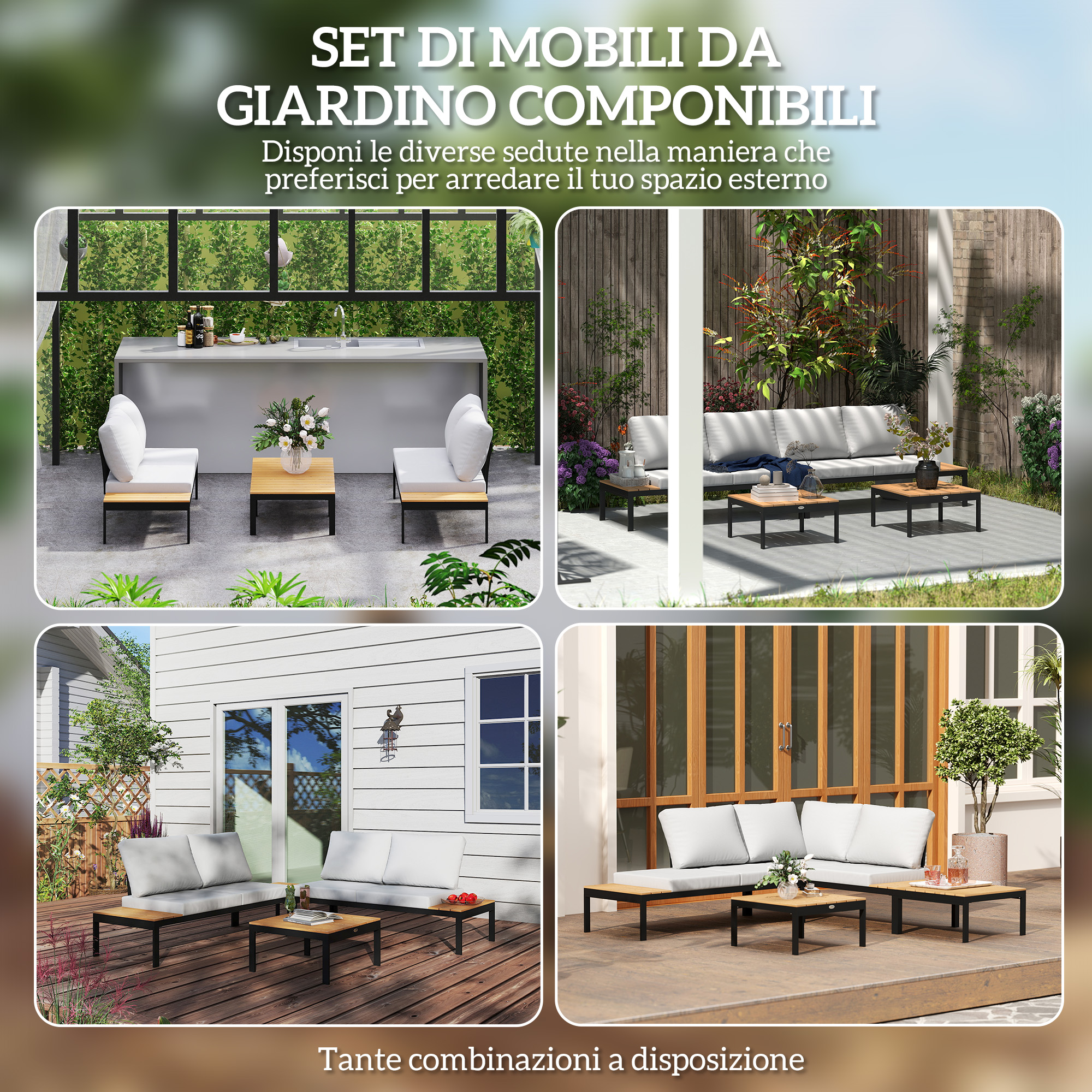 Quattro set di mobili da giardino con cuscini bianchi e tavoli.