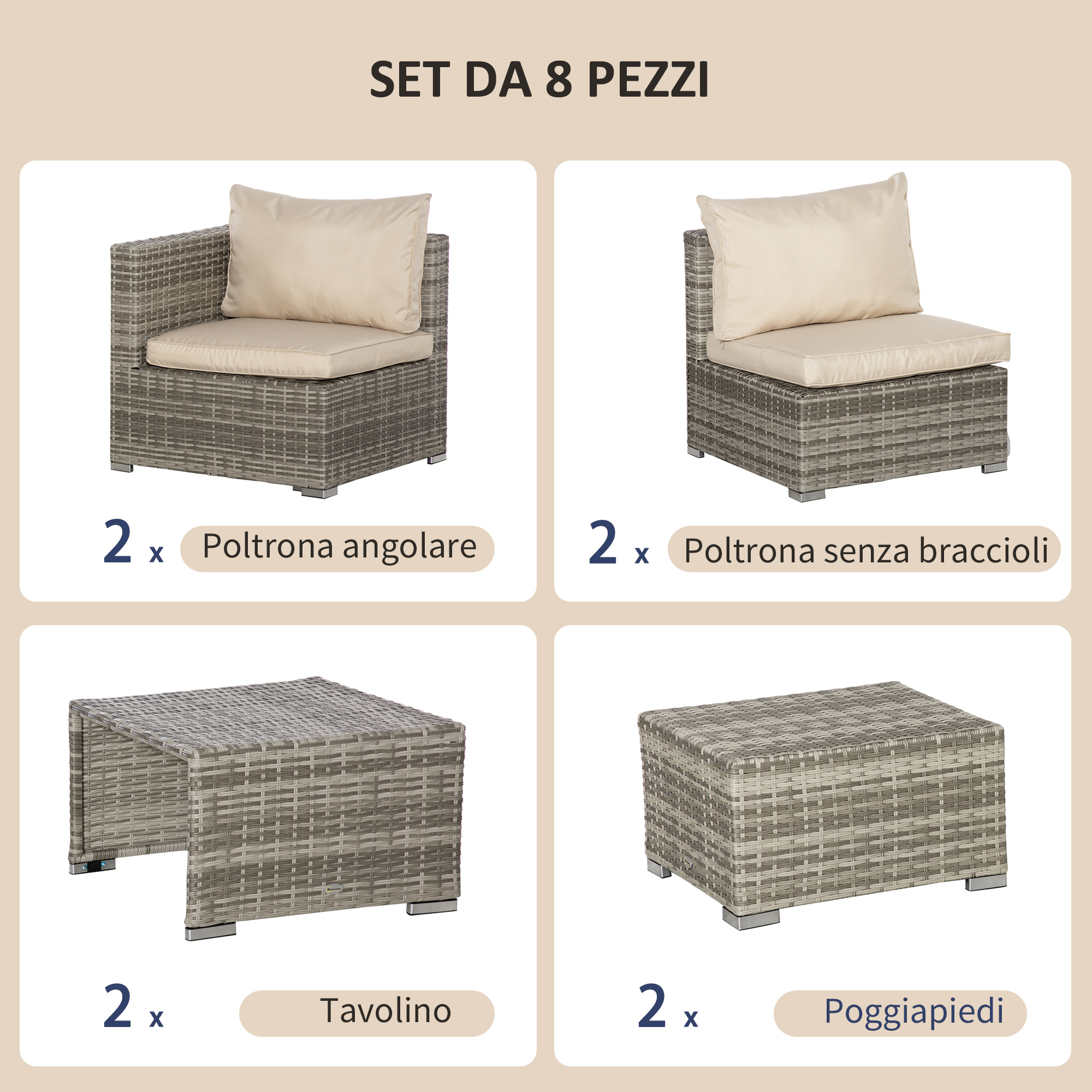 Set mobili intrecciati: 2 poltrone, 2 sedie, 2 tavoli, 2 poggiapiedi.