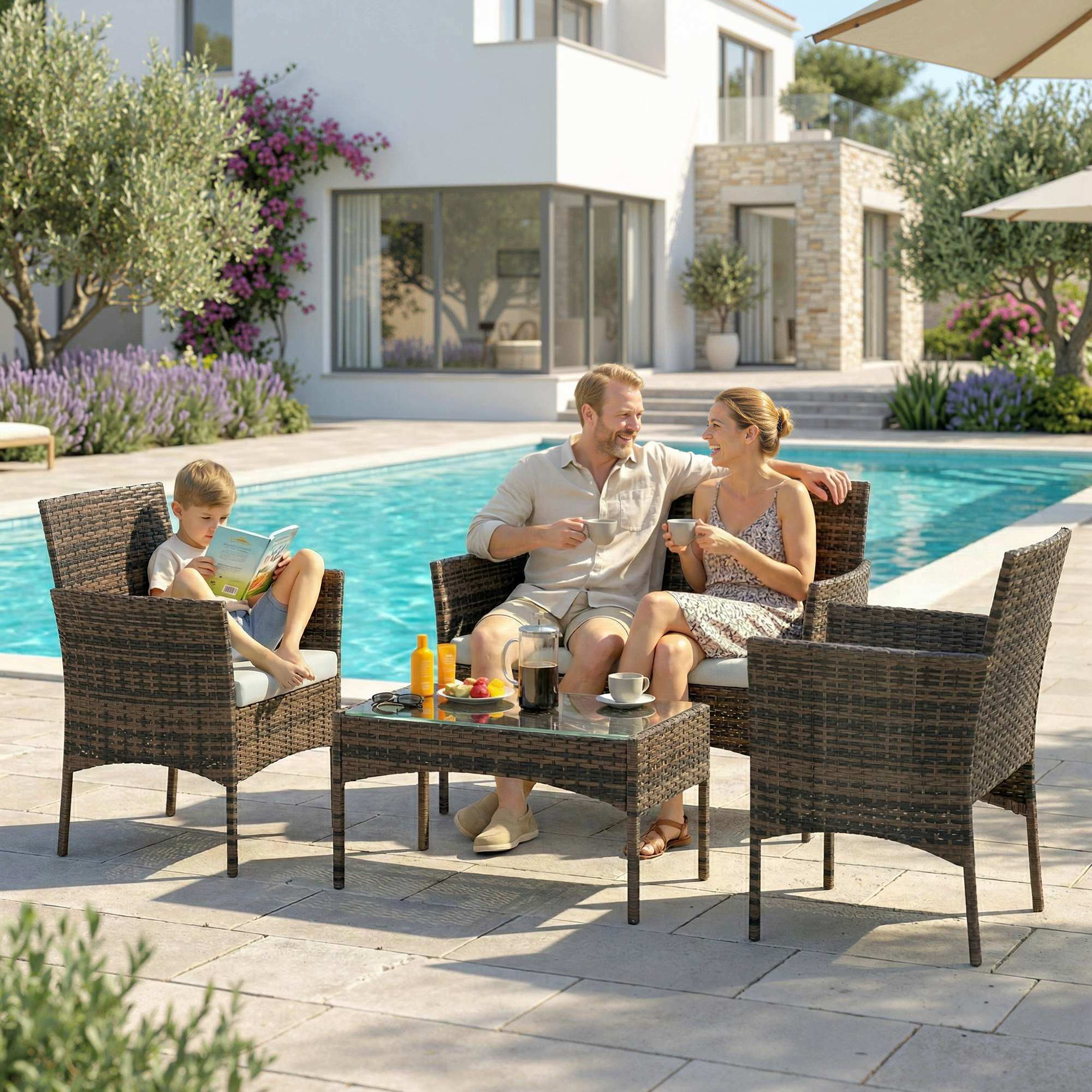 Famiglia in piscina: uomo, donna e bambino si rilassano su sedie in rattan con caffè e frutta.
