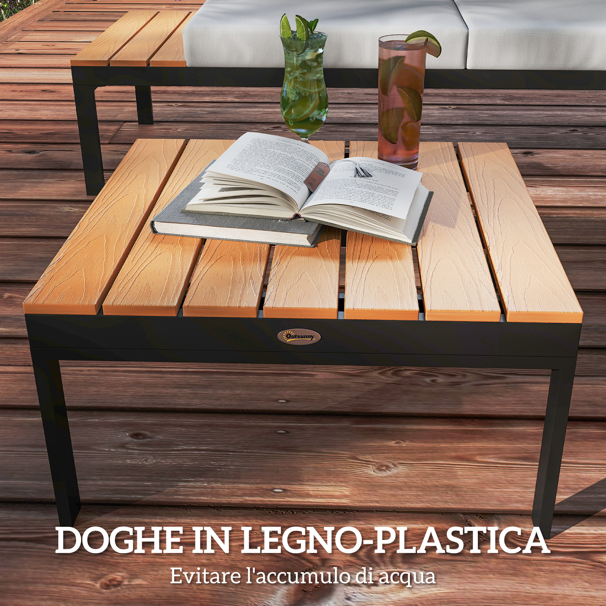 Tavolino legno-plastica con libri e bevande su assi di legno.