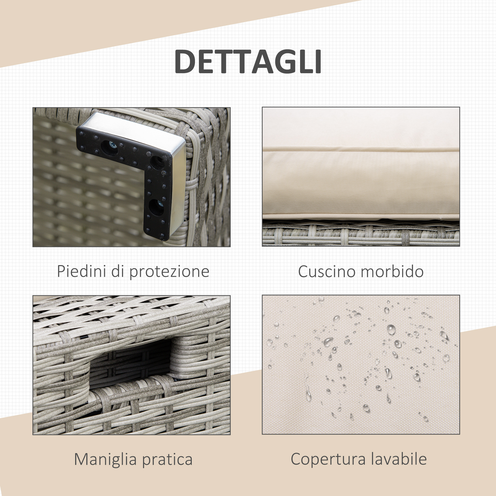 Quattro dettagli: piedini, cuscino, maniglia, copertura lavabile.