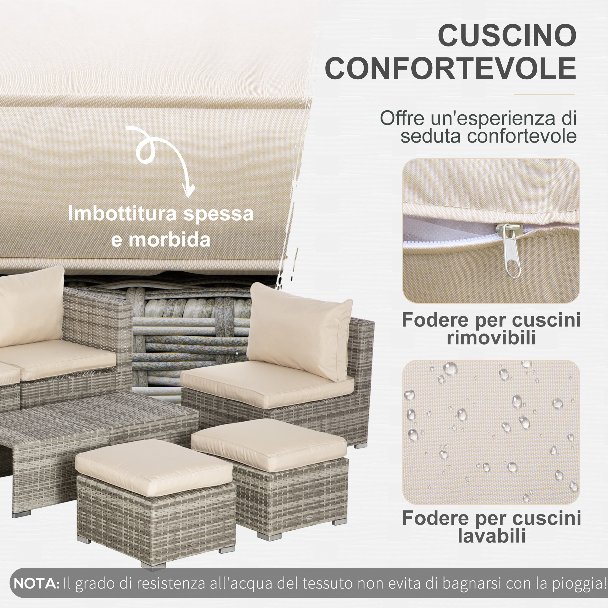 Mobili da esterno grigi con cuscini beige. Mostra coperture rimovibili e lavabili.