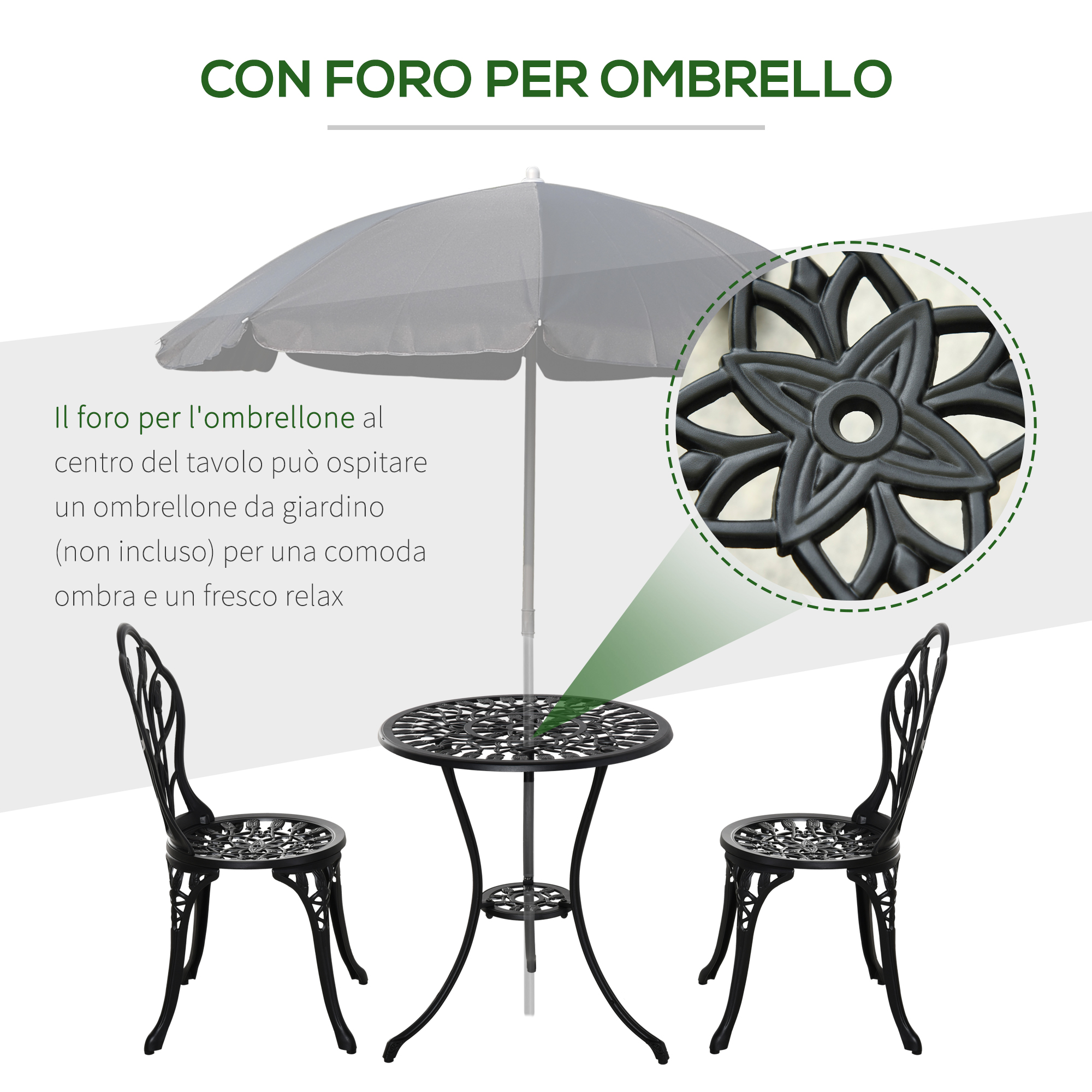 Un tavolo rotondo da giardino nero con due sedie e foro per ombrellone.