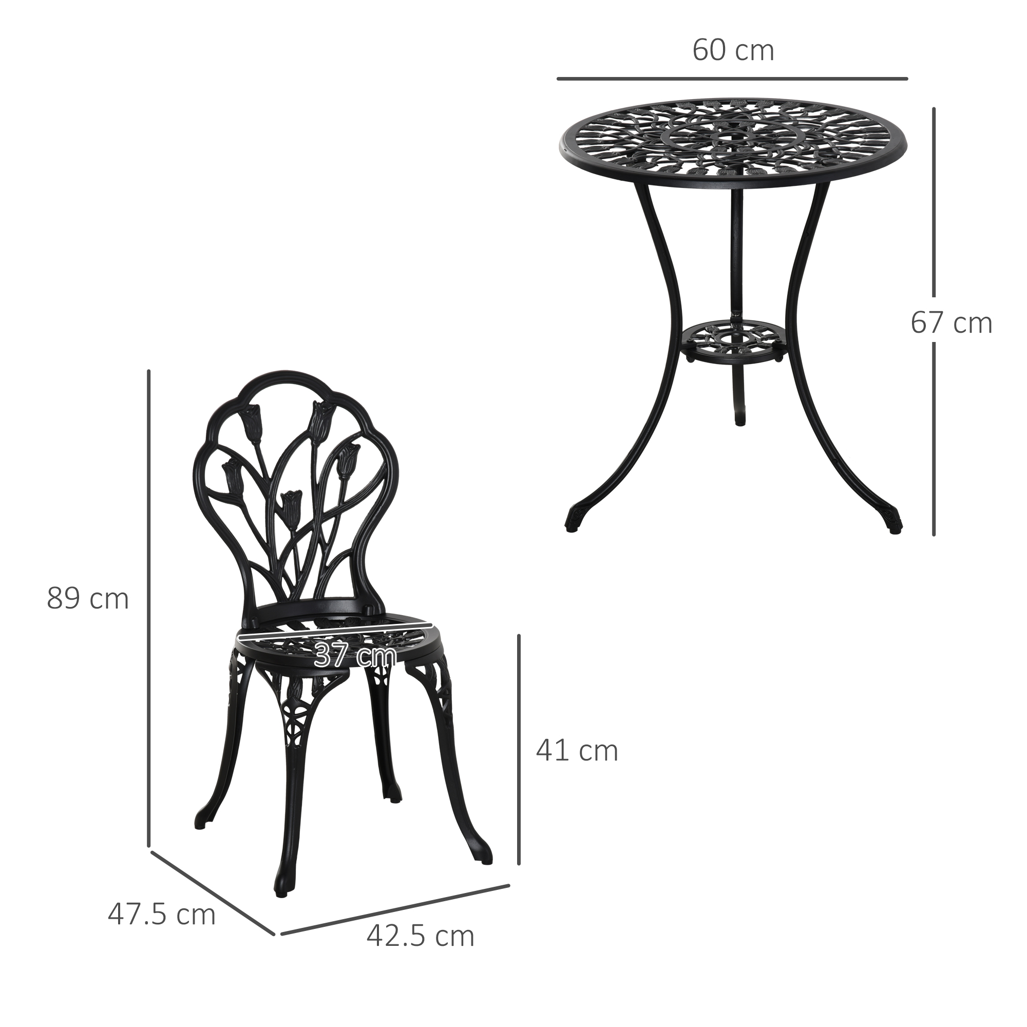 Tavolo e sedia in metallo nero (60x67cm; 47.5x42.5x89cm) con disegno floreale.