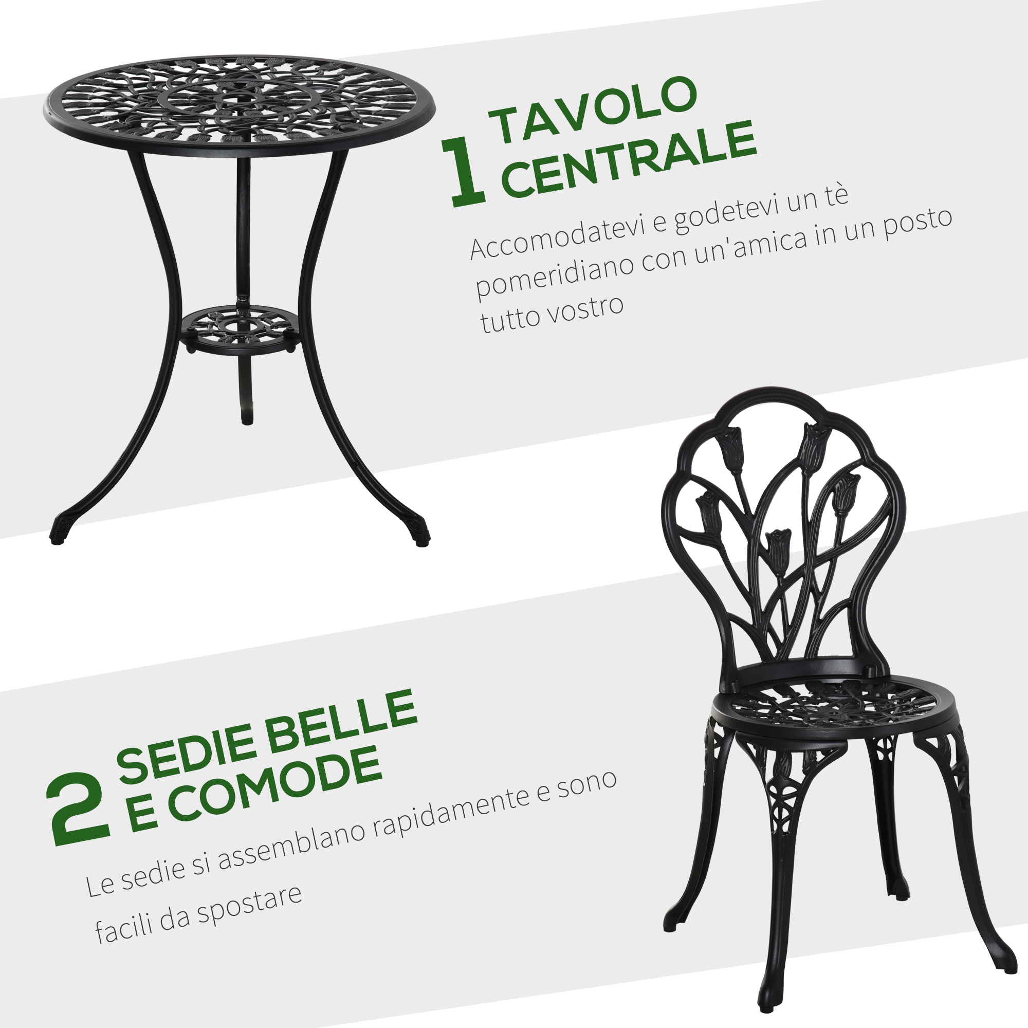 Tavolo rotondo nero e sedia con motivo floreale.
