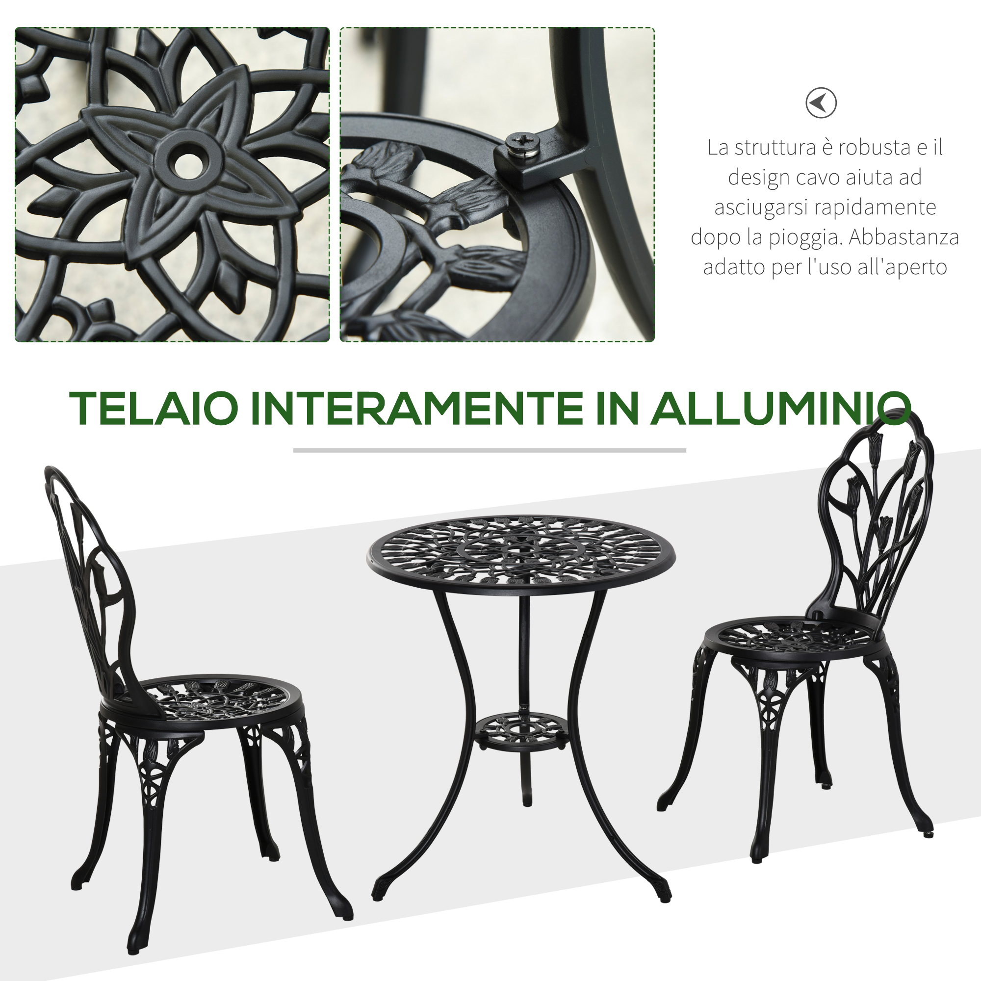 Set da giardino in alluminio nero con tavolo e due sedie dal design floreale.