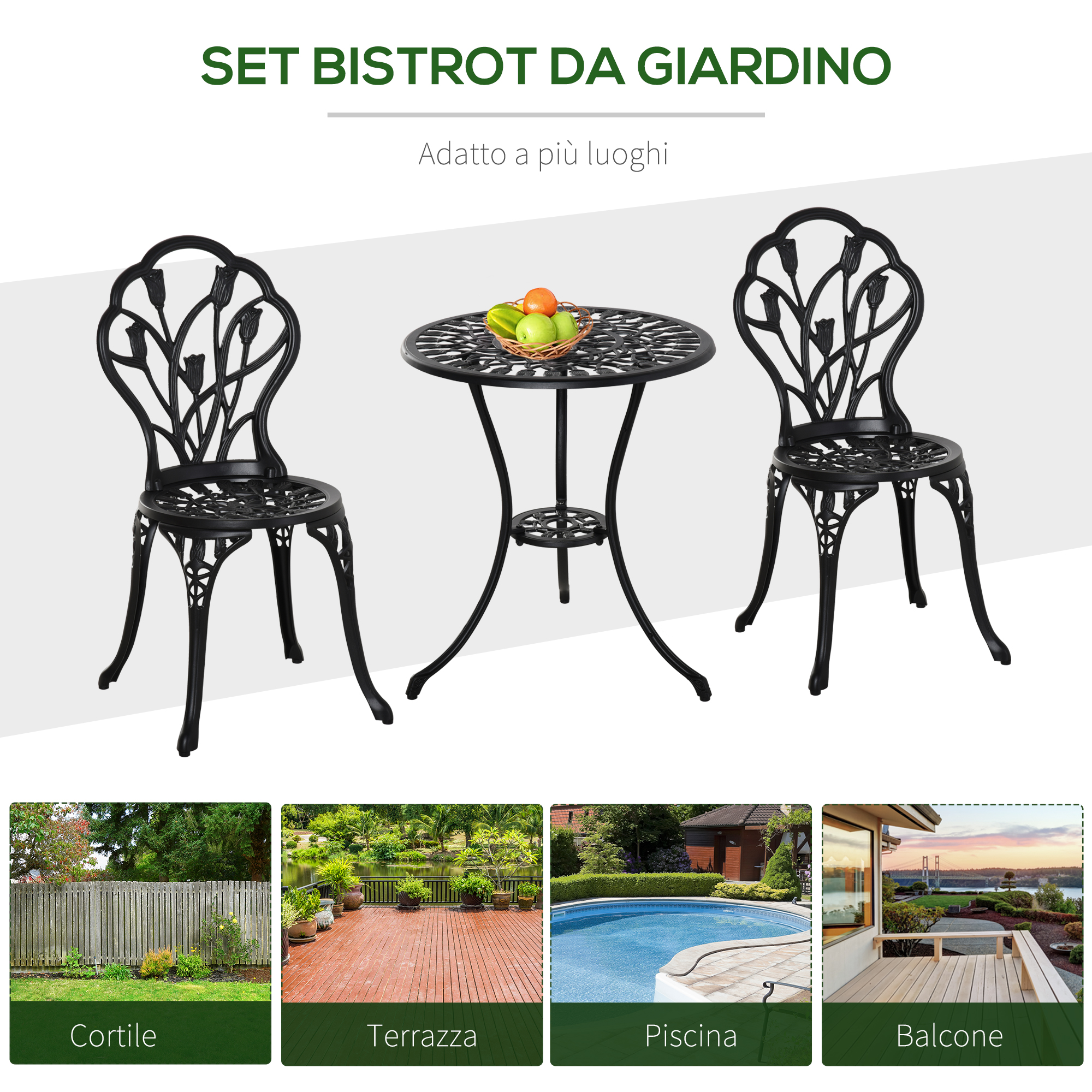 Set bistrot nero con due sedie e un tavolo, cesto di frutta sul tavolo.
