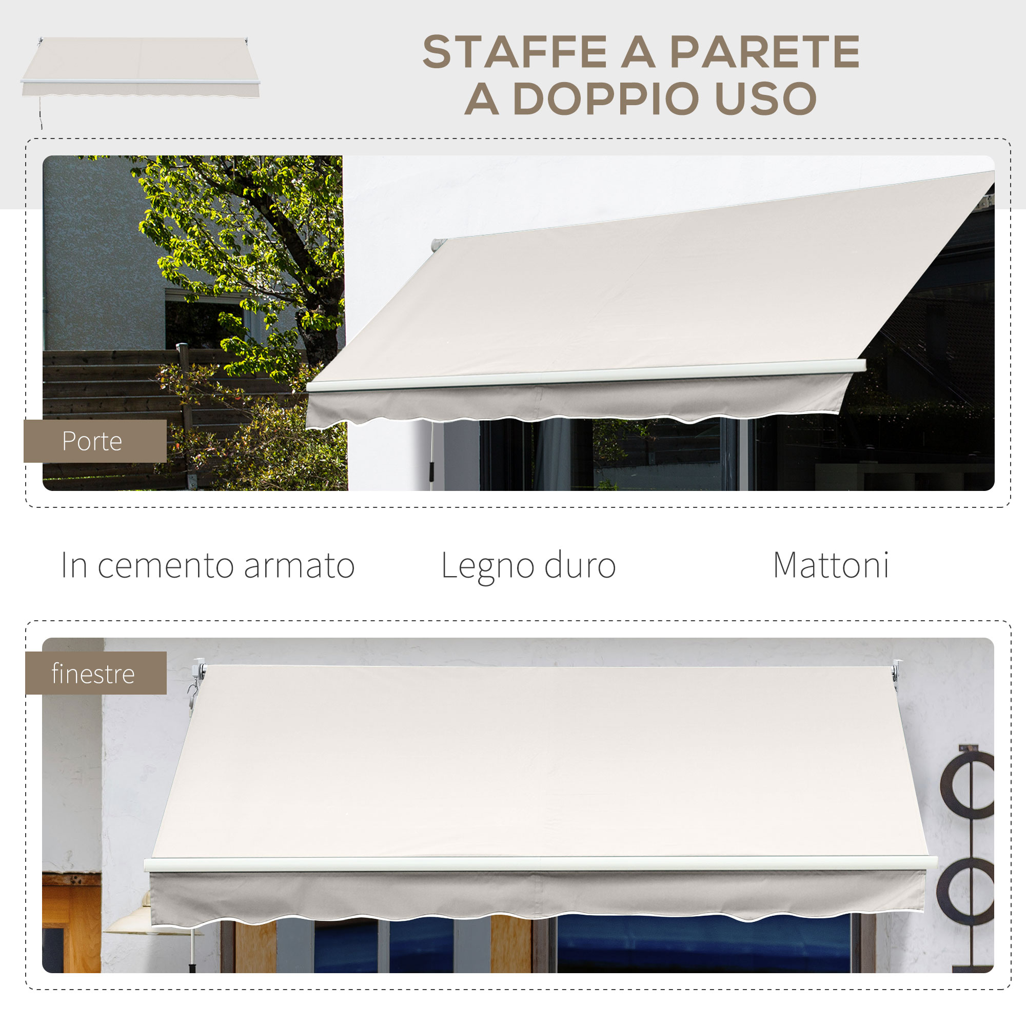 Un tessuto da tenda da sole beige con bordo smerlato, montato a parete sopra le finestre.