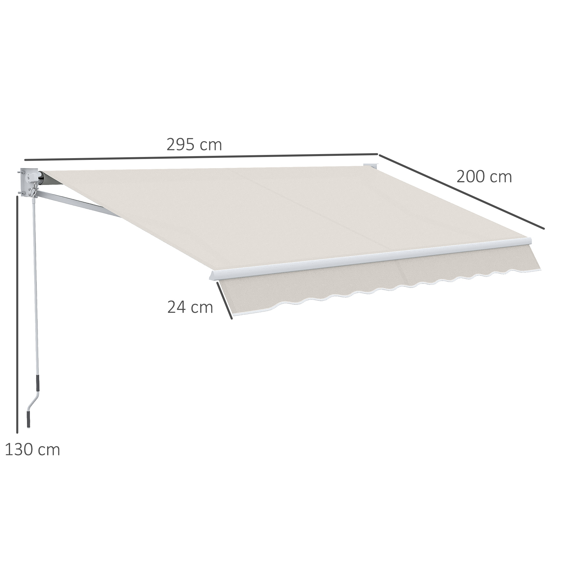 Una tenda da sole estesa, larga 295cm, profonda 200cm, alta 24cm, con asta di supporto 130cm.