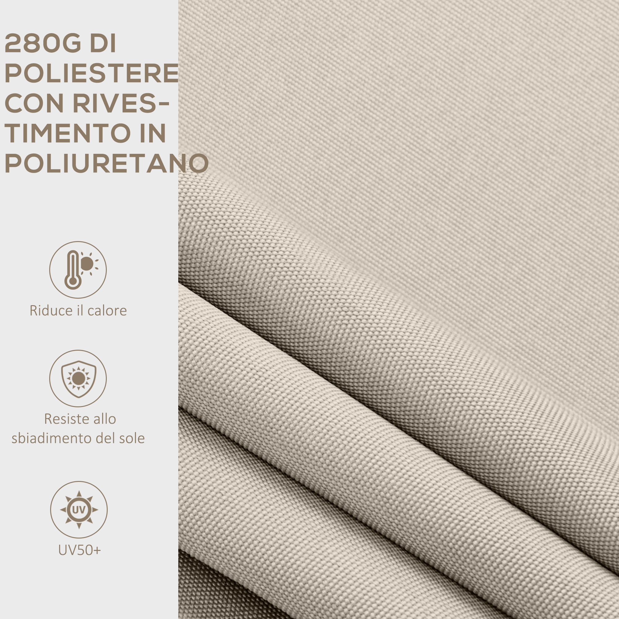 Tessuto beige con pieghe e icone per riduzione calore e protezione UV.