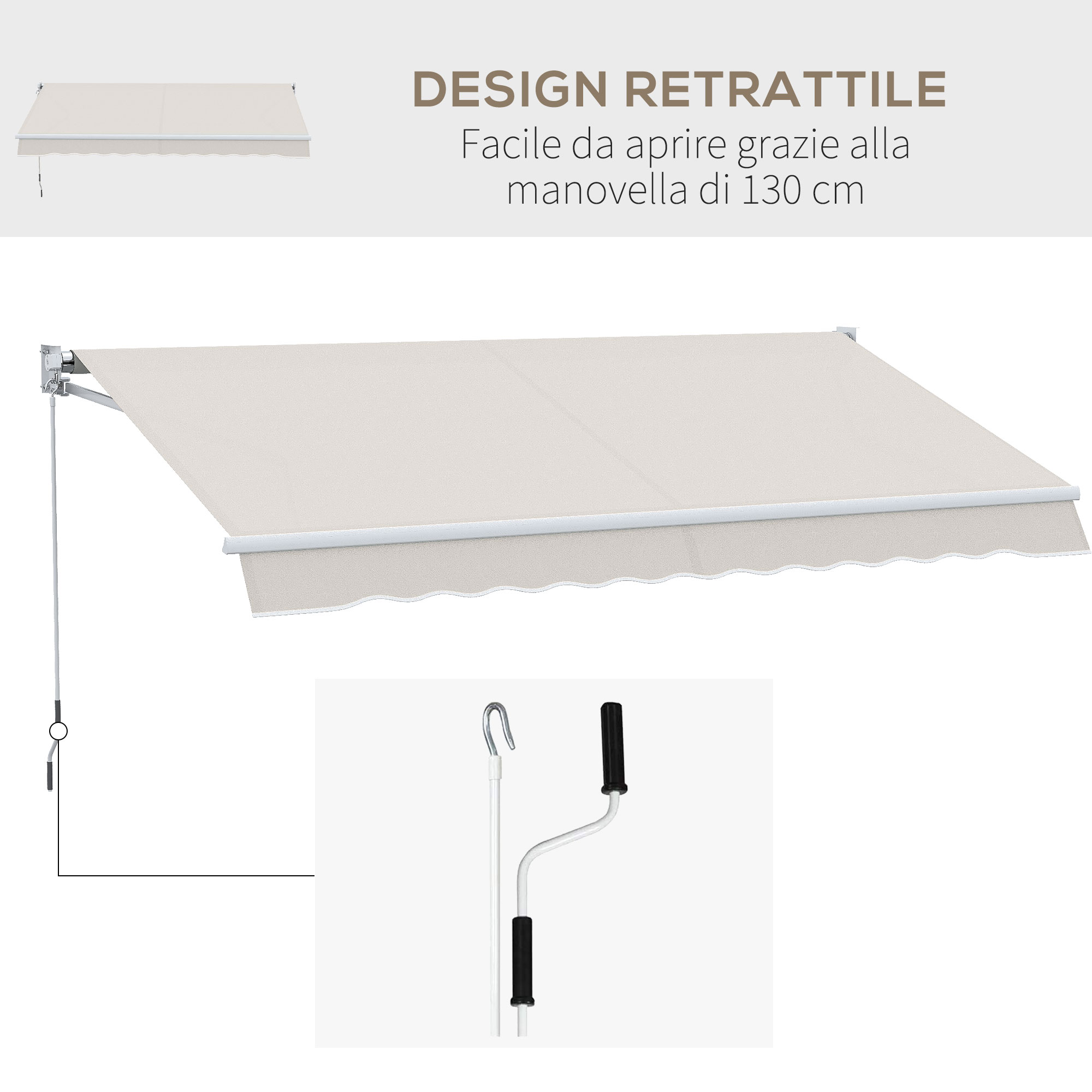 Una tenda da sole color crema estesa, con manovella.