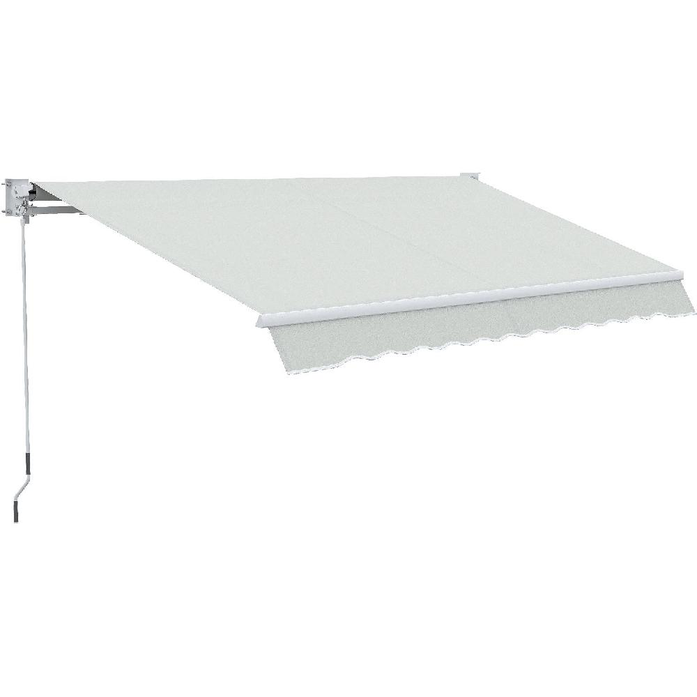 Una tenda da sole retrattile grigio chiaro con meccanismo a manovella, su sfondo bianco.