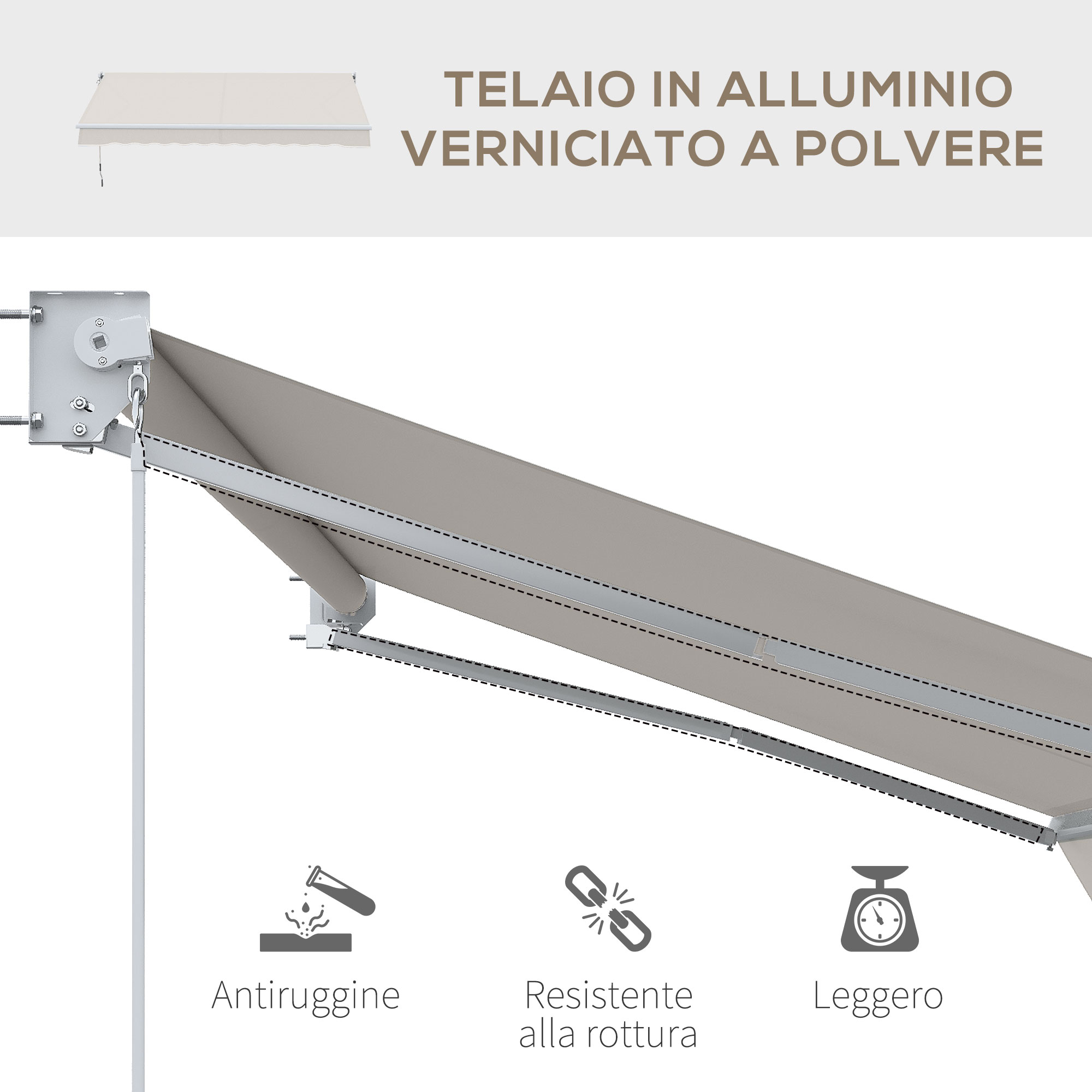 Una tenda da sole retrattile con telaio in alluminio e tessuto grigio.